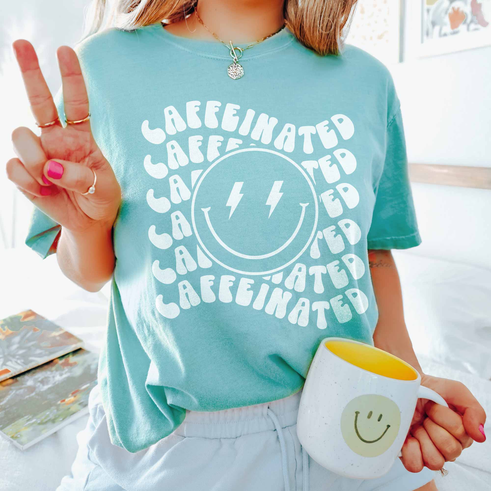 Retro Caffeinated Smiley T-Shirt, Coffee Lover Tee Shirt Hoodie, Sweatshirt | PodTeesHub.com
