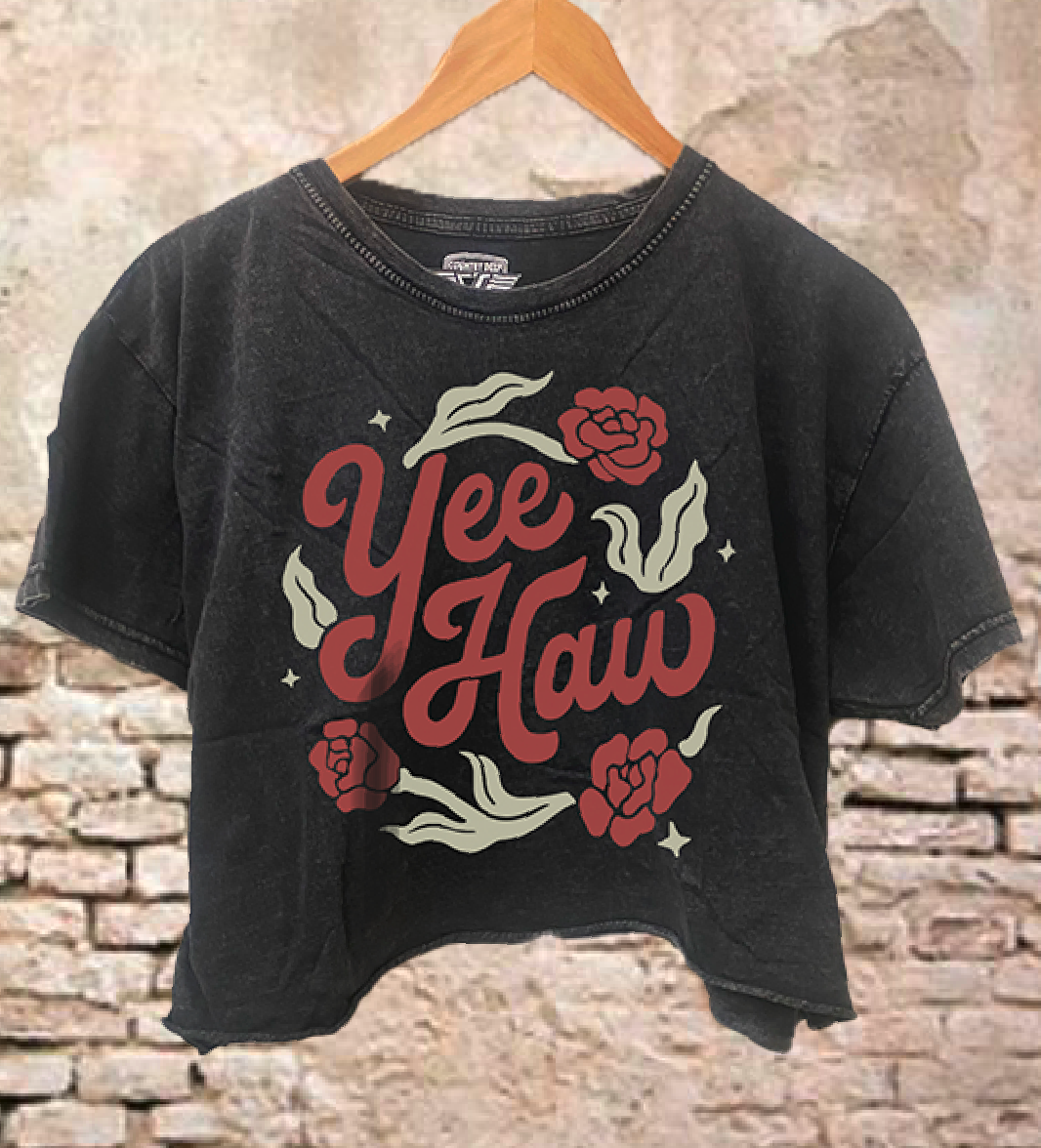 Yee Haw Relaxed Cropped Acid Wash T-Shirt Hoodie, Sweatshirt | PodTeesHub.com