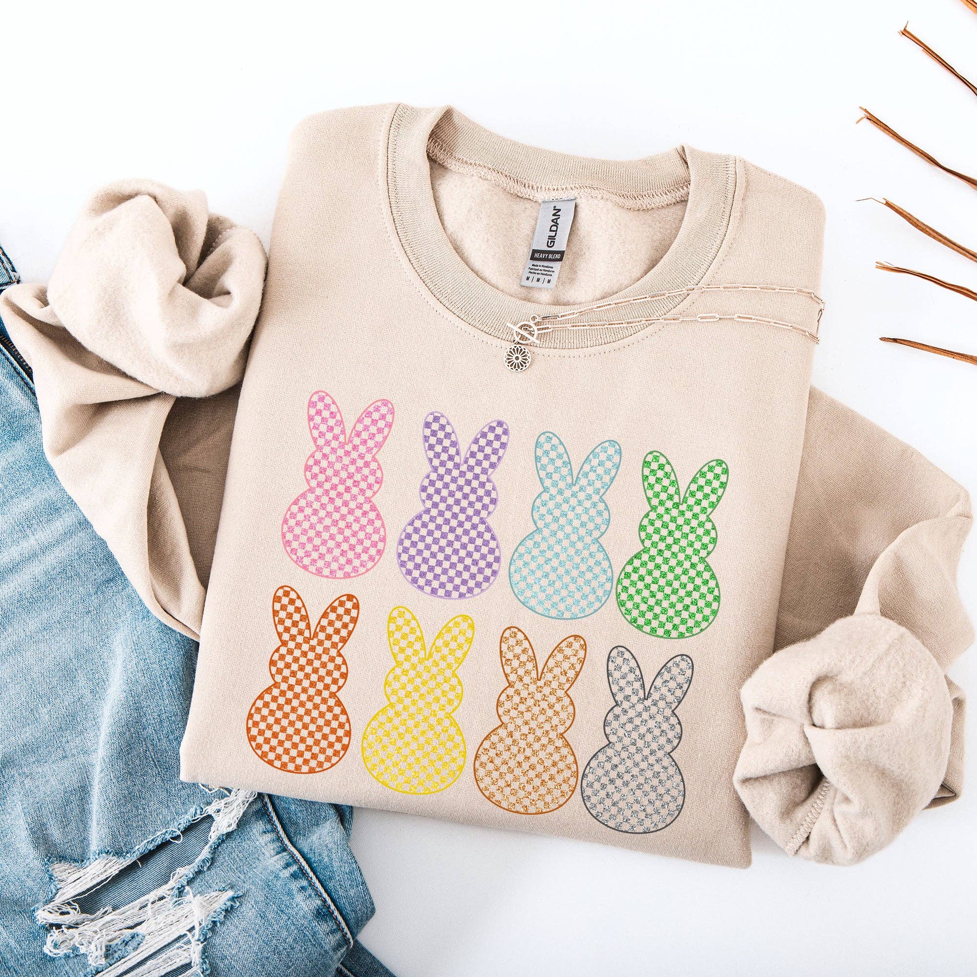 Checkered, Faux Glitter Bunnies, Easter, Rabbit Sweatshirt T-Shirts, Hoodie | PodTeesHub.com
