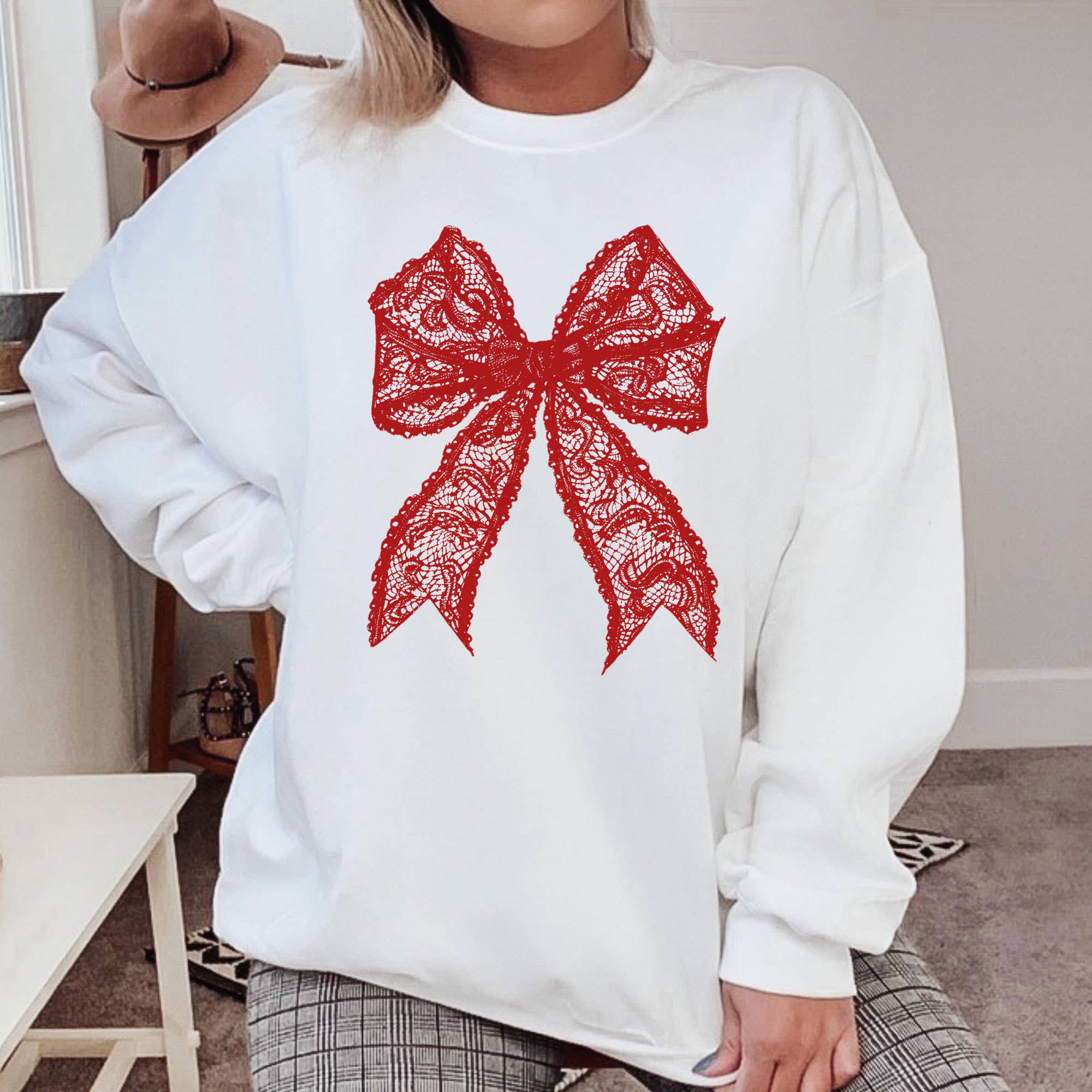 Red Lace Bow Crewneck Sweatshirt | Christmas | Sizes S-2XL T-Shirts, Hoodie | PodTeesHub.com