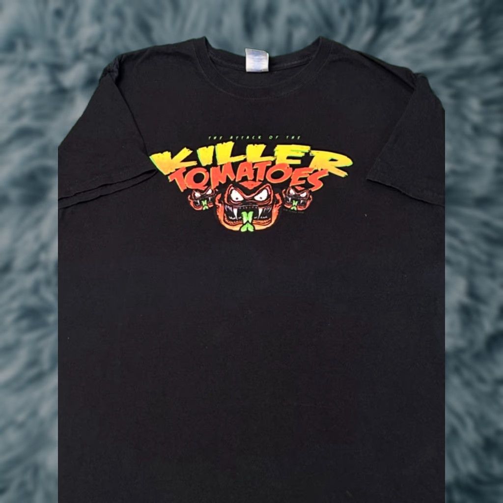 Vintage 90s Attack Of The Killer Tomatoes Horror Video Game Vtg Shirt Sz L Mens Black Short Hoodie, Sweatshirt