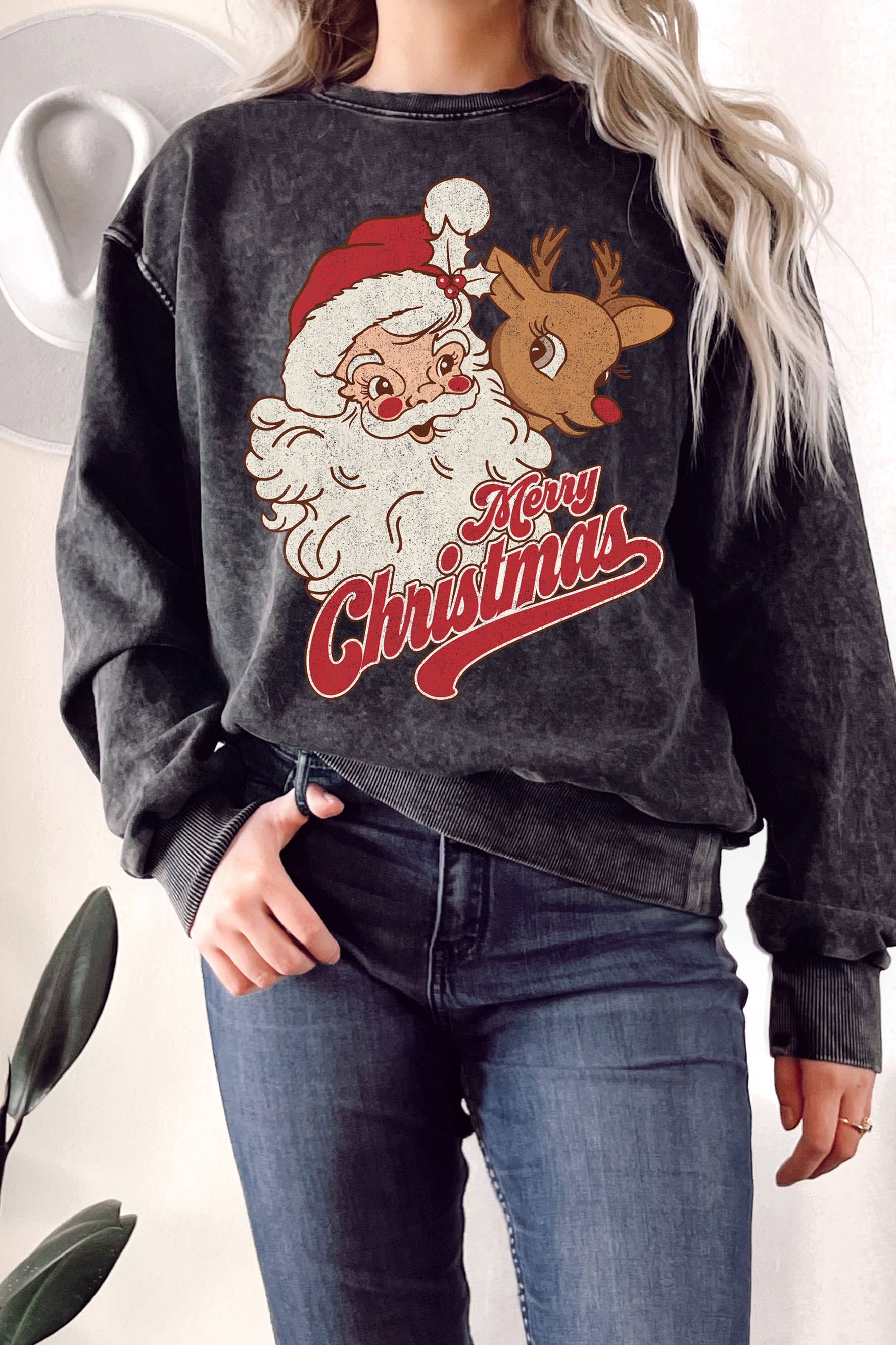 Santa and Rudolph Mineral Graphix Terry Sweatshirt T-Shirts, Hoodie | PodTeesHub.com