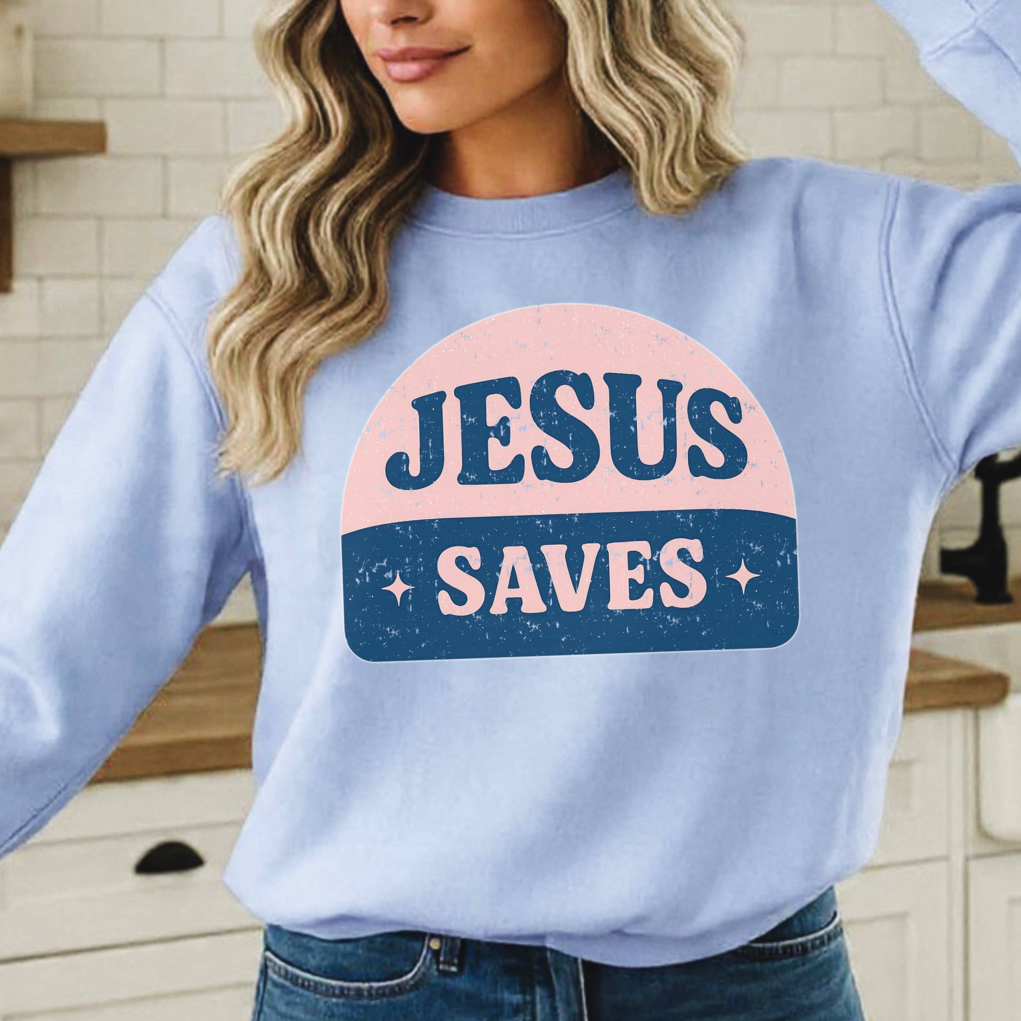 Jesus Saves Retro Christian Sweatshirt | Gildan T-Shirts, Hoodie | PodTeesHub.com