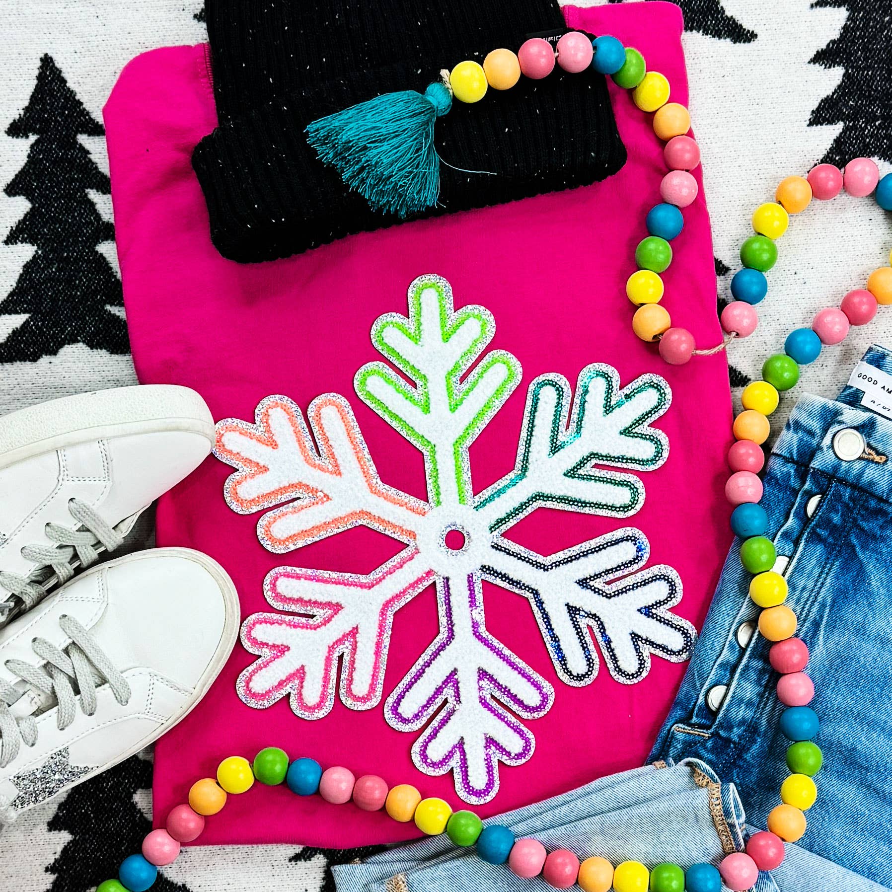 Multi-Colored Chenille/Sequin Snowflake Patch Heliconia Tee Hoodie, Sweatshirt | PodTeesHub.com