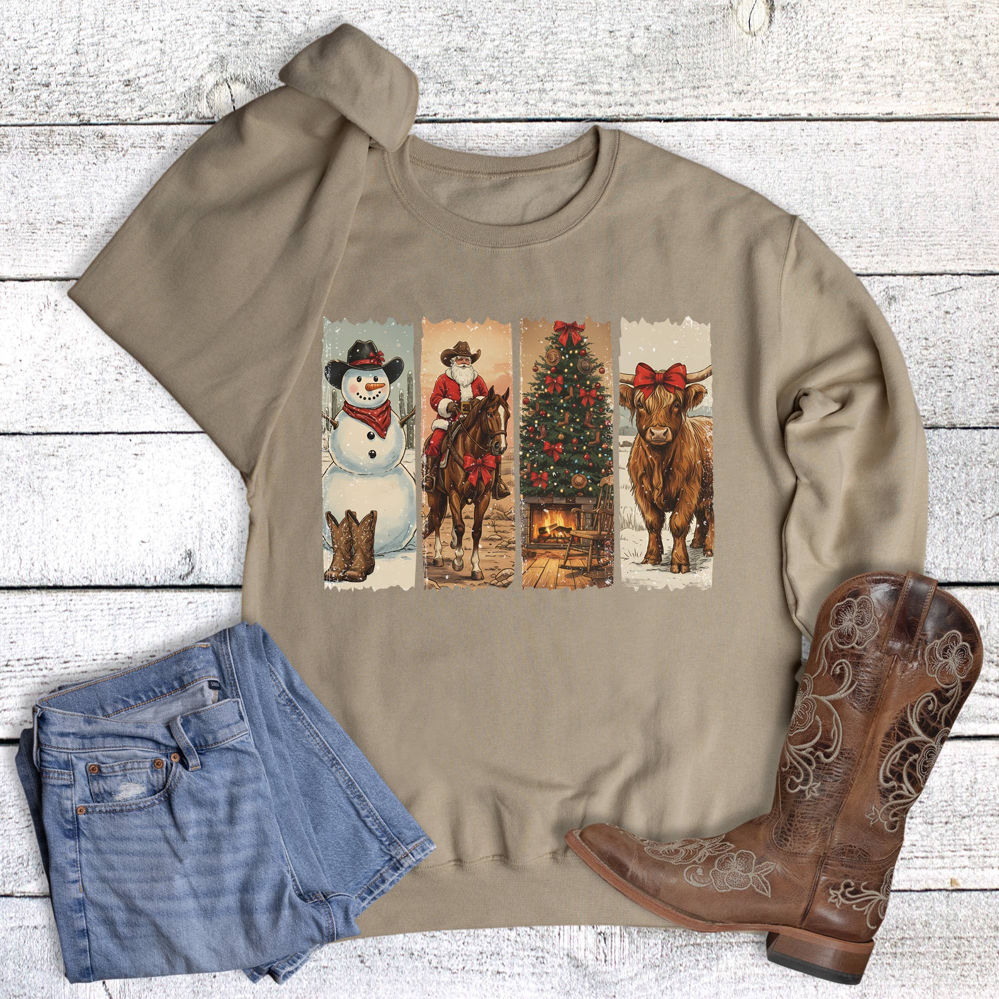 Christmas Western Snowman Santa Cow Sweatshirt T-Shirts, Hoodie | PodTeesHub.com