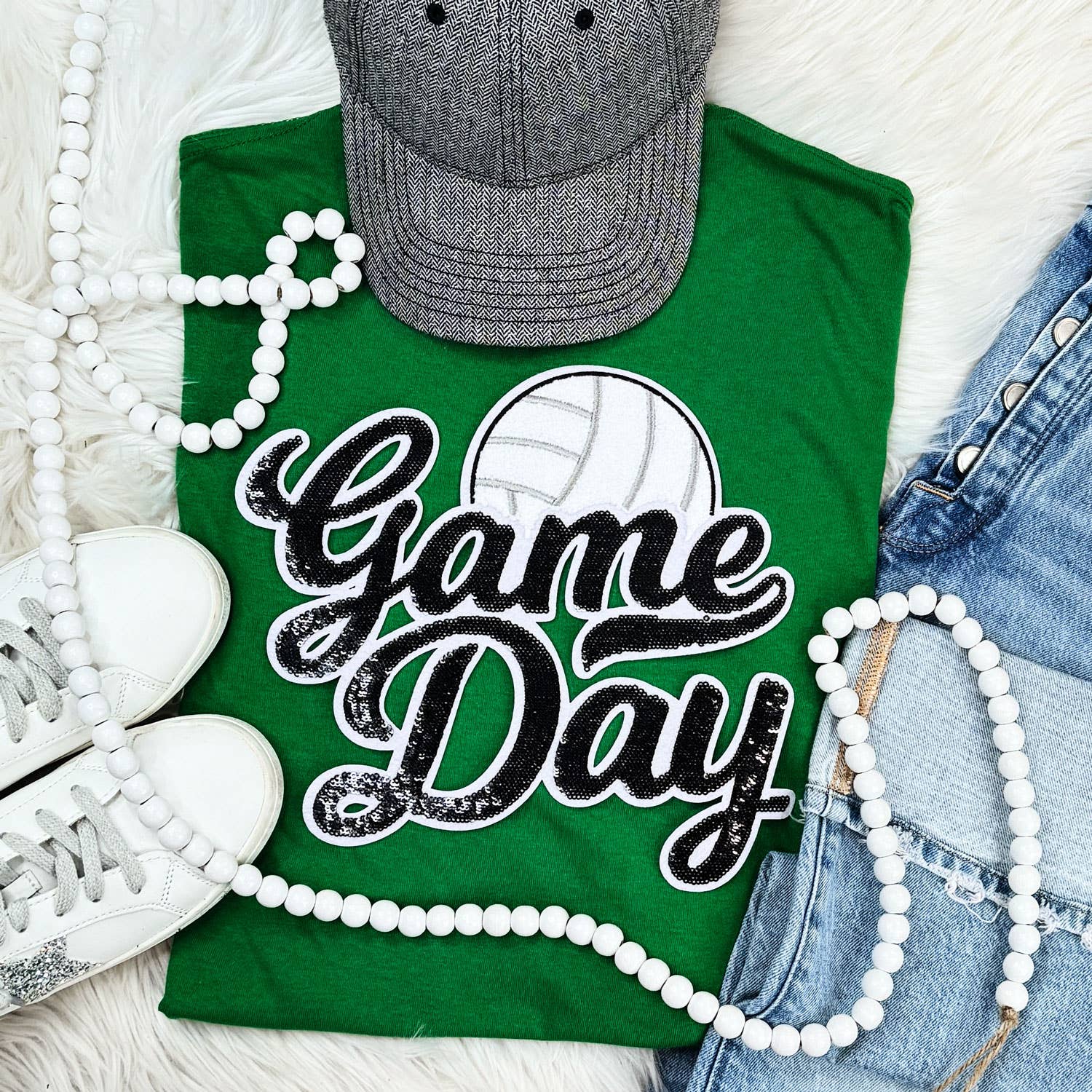 Black Sequin Volleyball Game Day Patch Turf Green Everyday Tee Hoodie, Sweatshirt | PodTeesHub.com