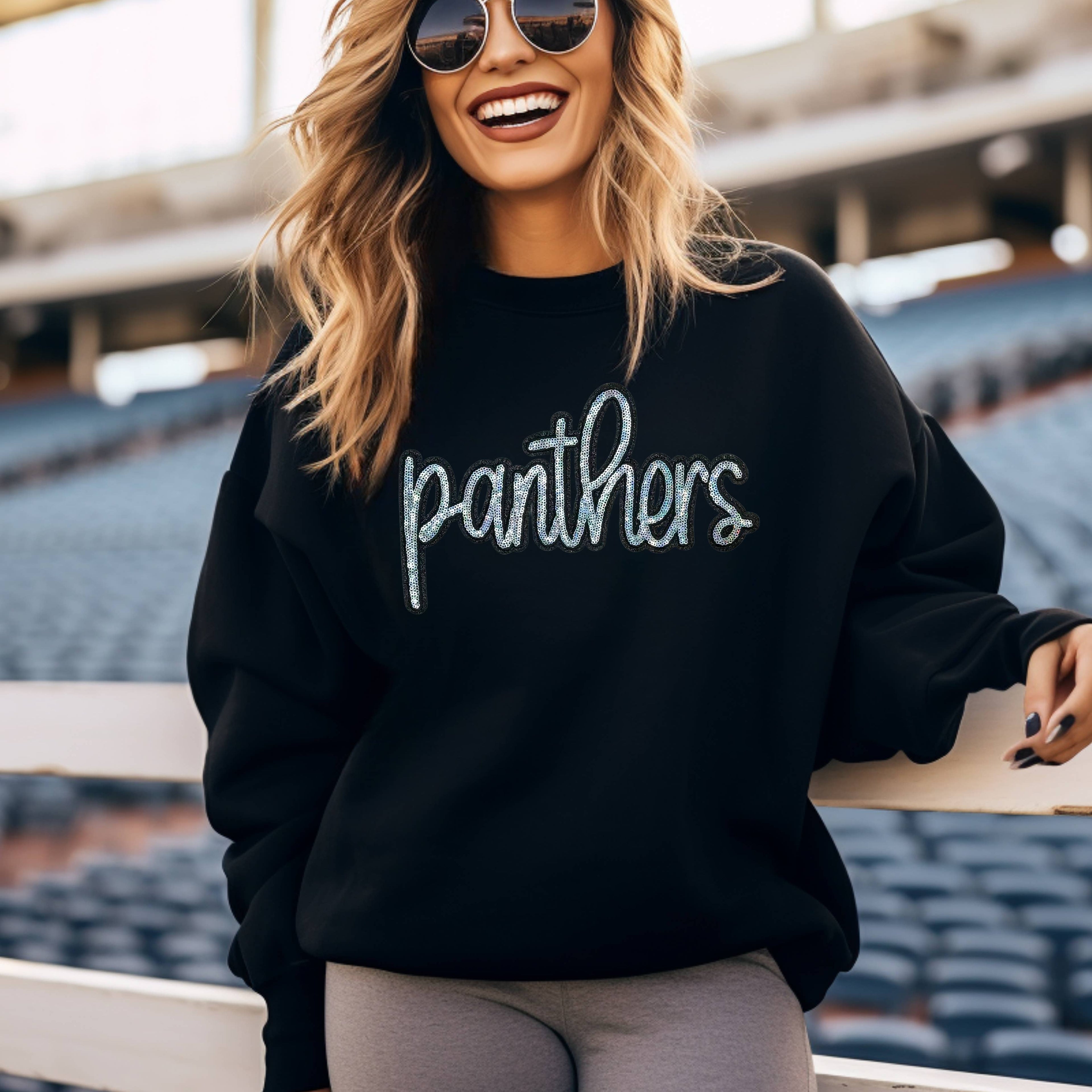 Panthers Sequin Patch Black Crewneck Sweatshirt T-Shirts, Hoodie | PodTeesHub.com
