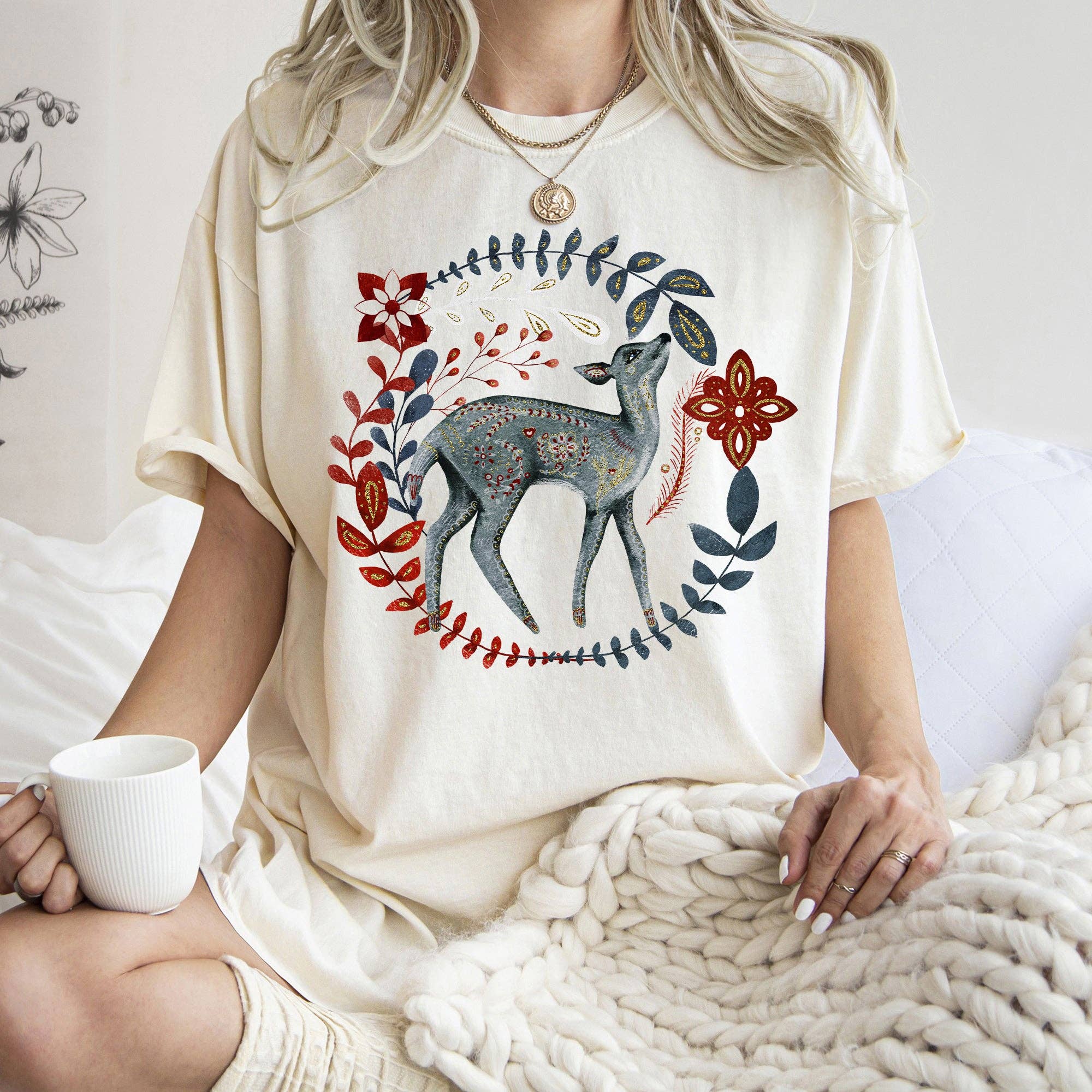 Deer, Folk Art, Scandinavian, Winter, Christmas T-Shirt Hoodie, Sweatshirt | PodTeesHub.com