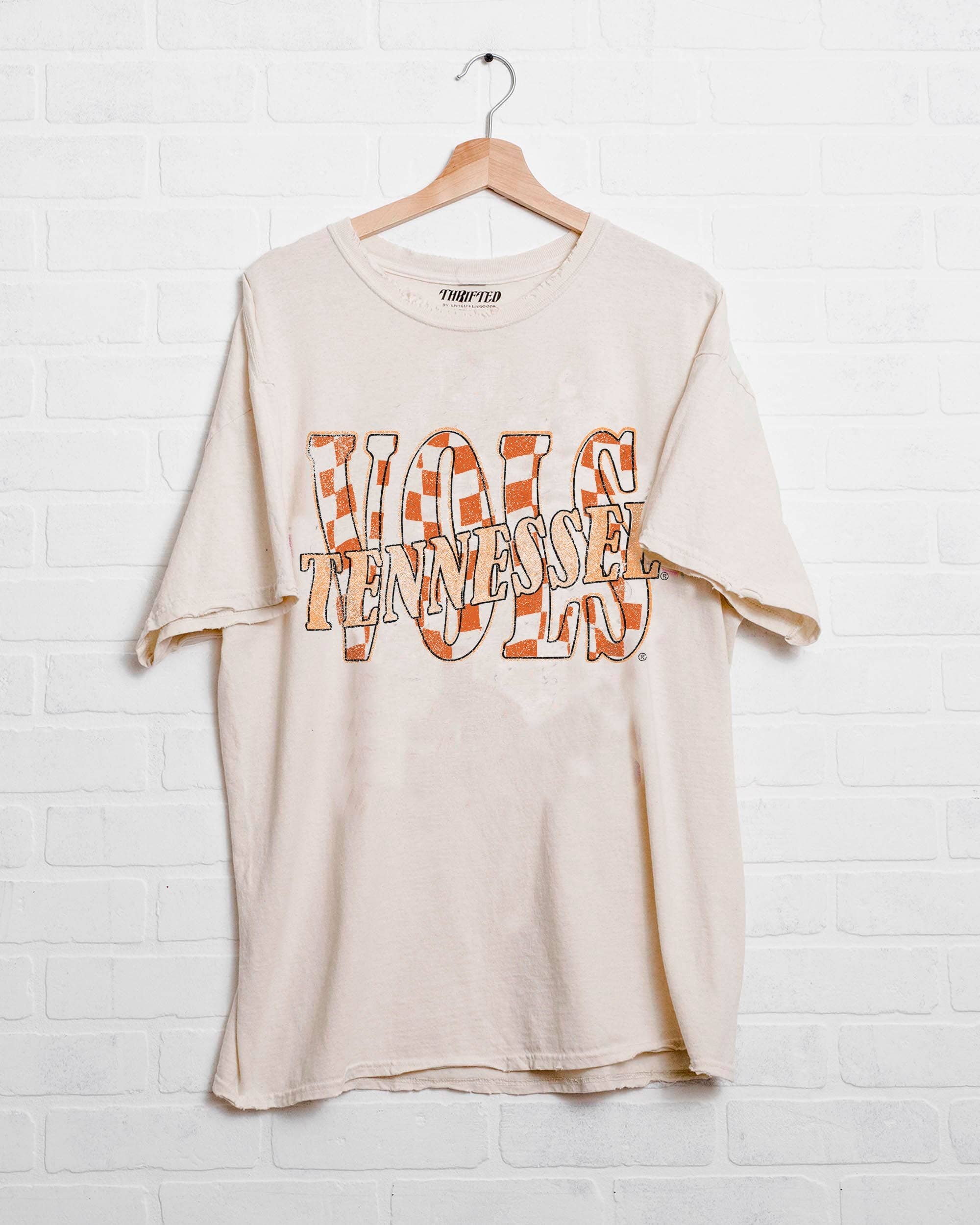 Tennessee Vols Twisted Check Off White Thrifted Tee Hoodie, Sweatshirt | PodTeesHub.com