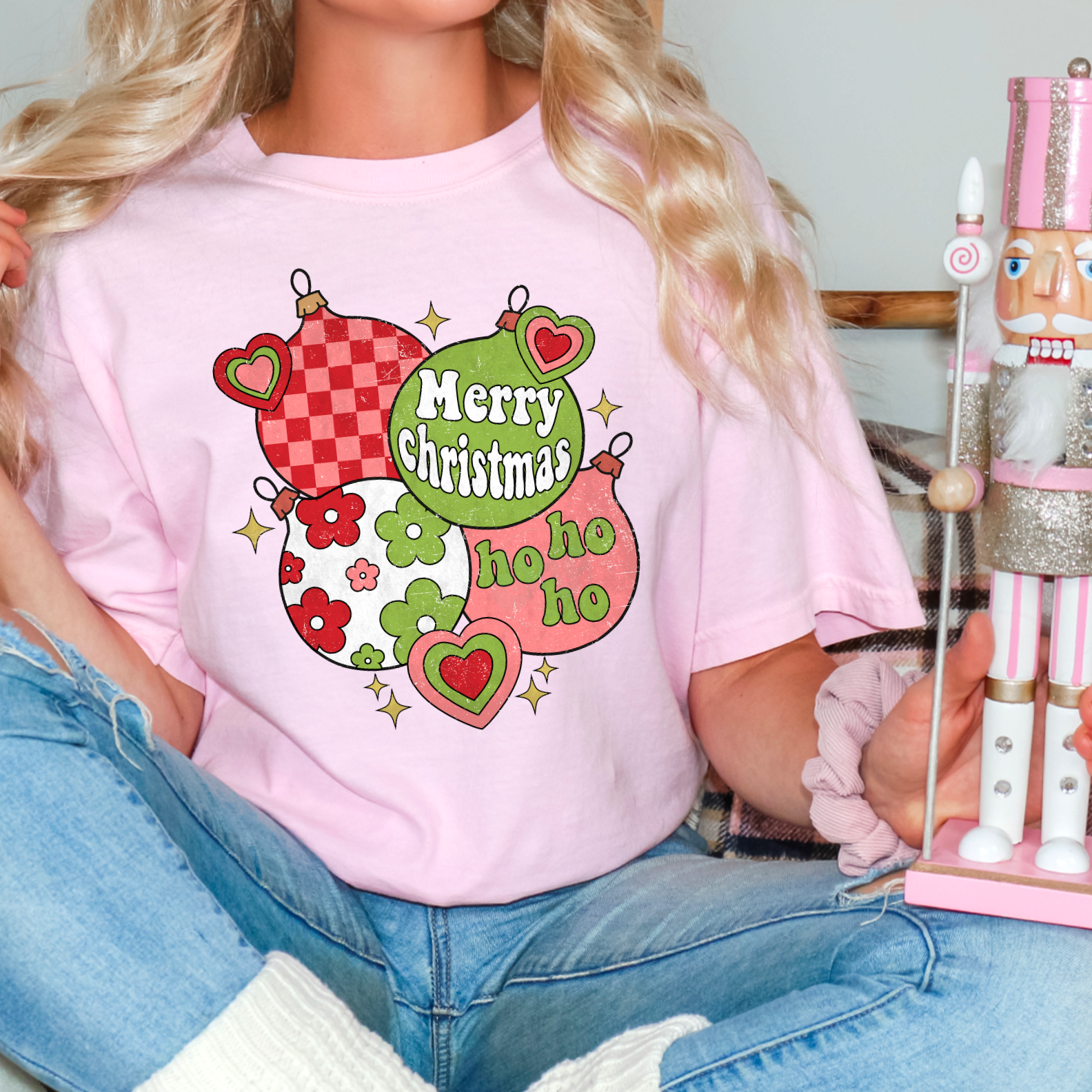 Retro Floral Christmas Ornaments Christmas Graphic Tee Hoodie, Sweatshirt | PodTeesHub.com