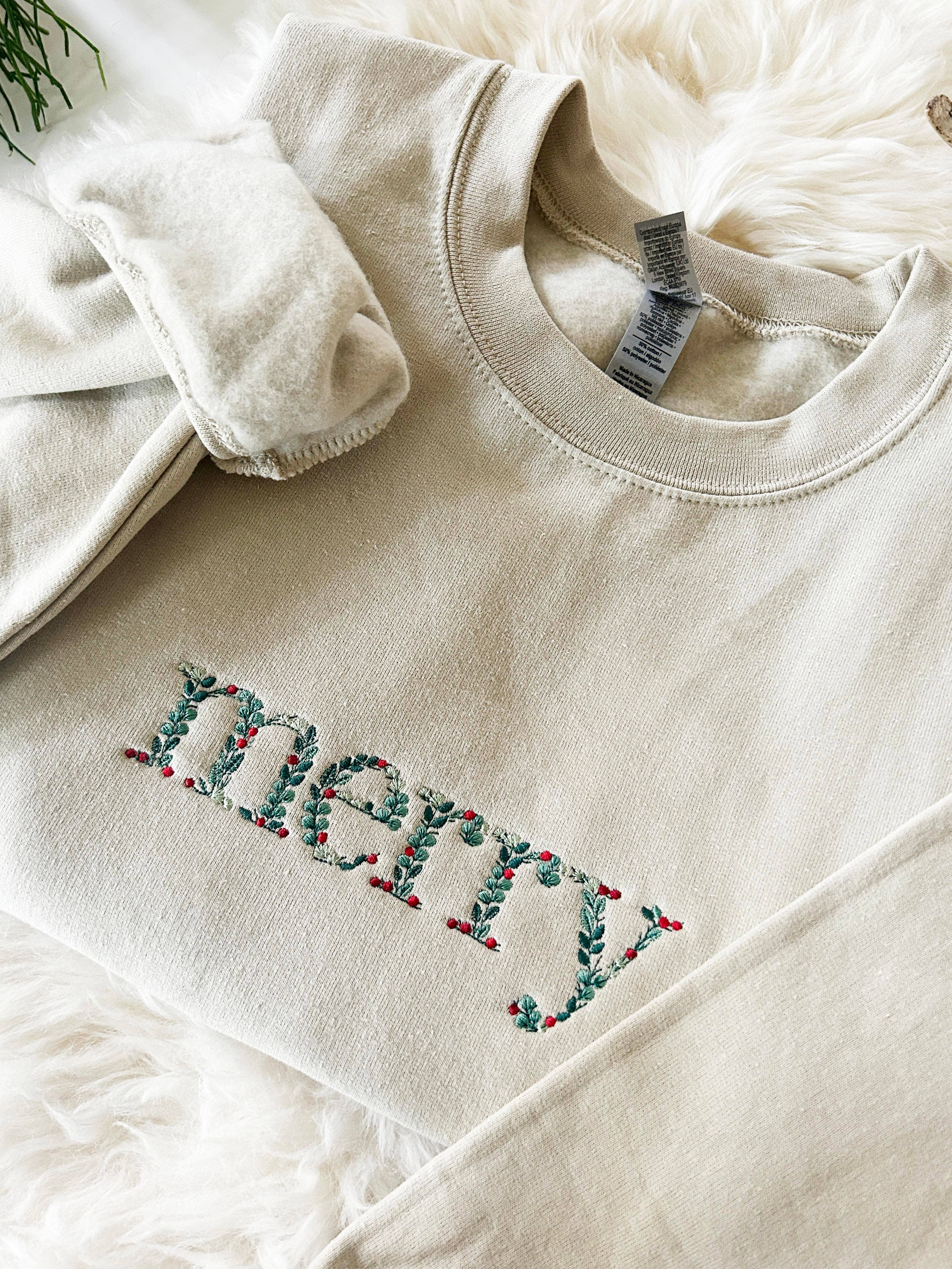 Embroidered Floral Merry Christmas Sweatshirt T-Shirts, Hoodie | PodTeesHub.com