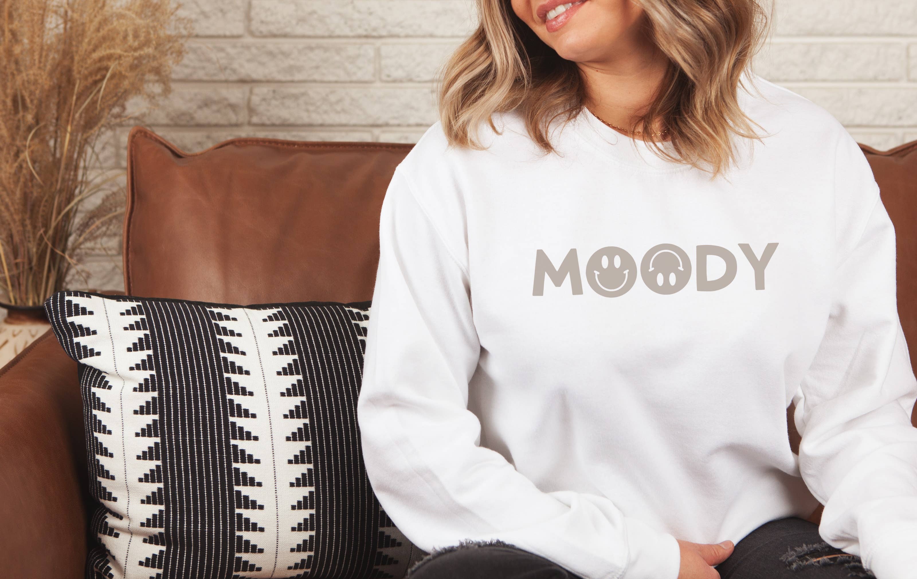 Moody Happy Face Crew Neck Sweatshirt T-Shirts, Hoodie | PodTeesHub.com