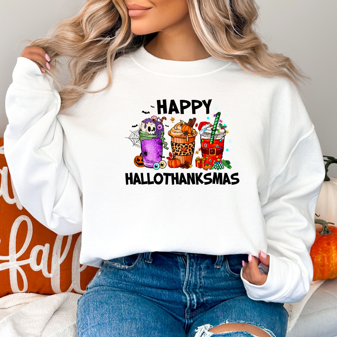 Happy Hallothanksmas Holiday Christmas Graphic Sweatshirt T-Shirts, Hoodie | PodTeesHub.com
