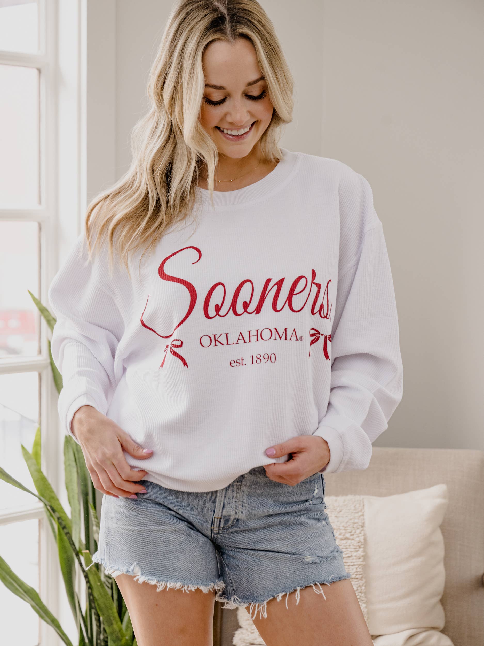 Ou Sooners Established Bows White Corded Crew Sweatshirt T-Shirts, Hoodie | PodTeesHub.com
