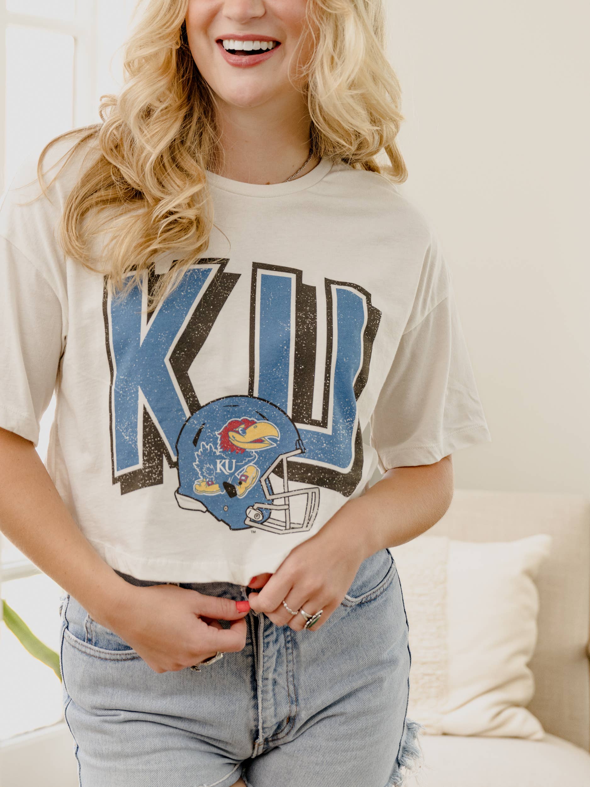 Ku Jayhawks Helmet Fade Off White Cropped Tee Hoodie, Sweatshirt | PodTeesHub.com