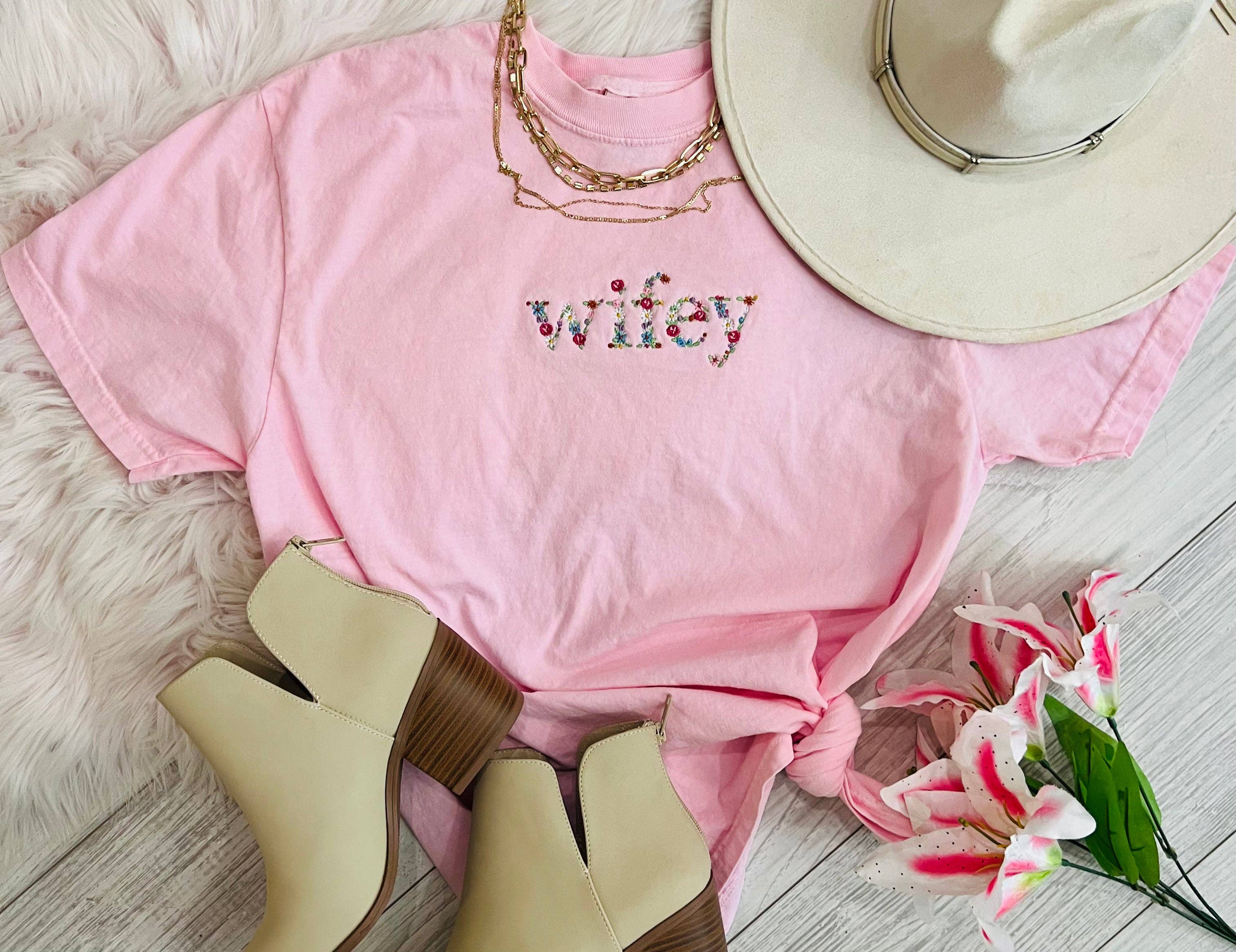 Wifey Floral Embroidered Tee Hoodie, Sweatshirt | PodTeesHub.com