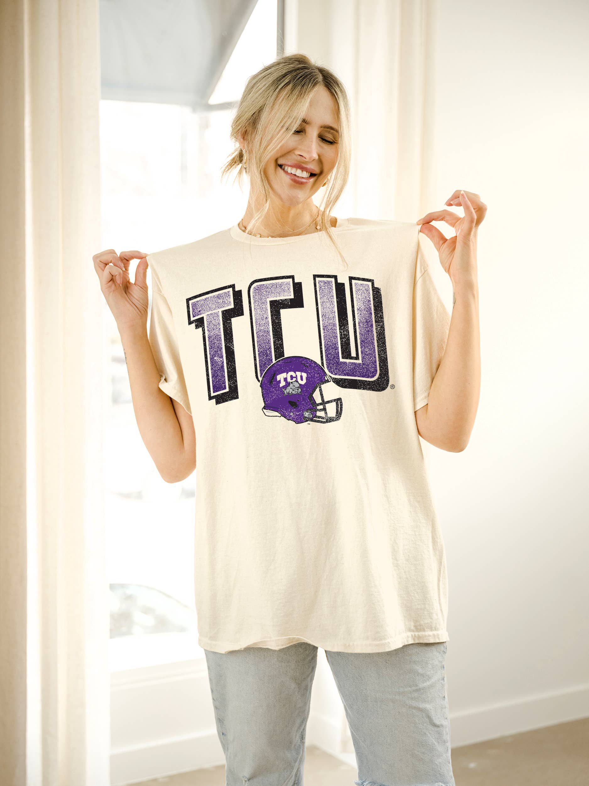 Tcu Horned Frogs Helmet Fade Off White Thrifted Tee Hoodie, Sweatshirt | PodTeesHub.com