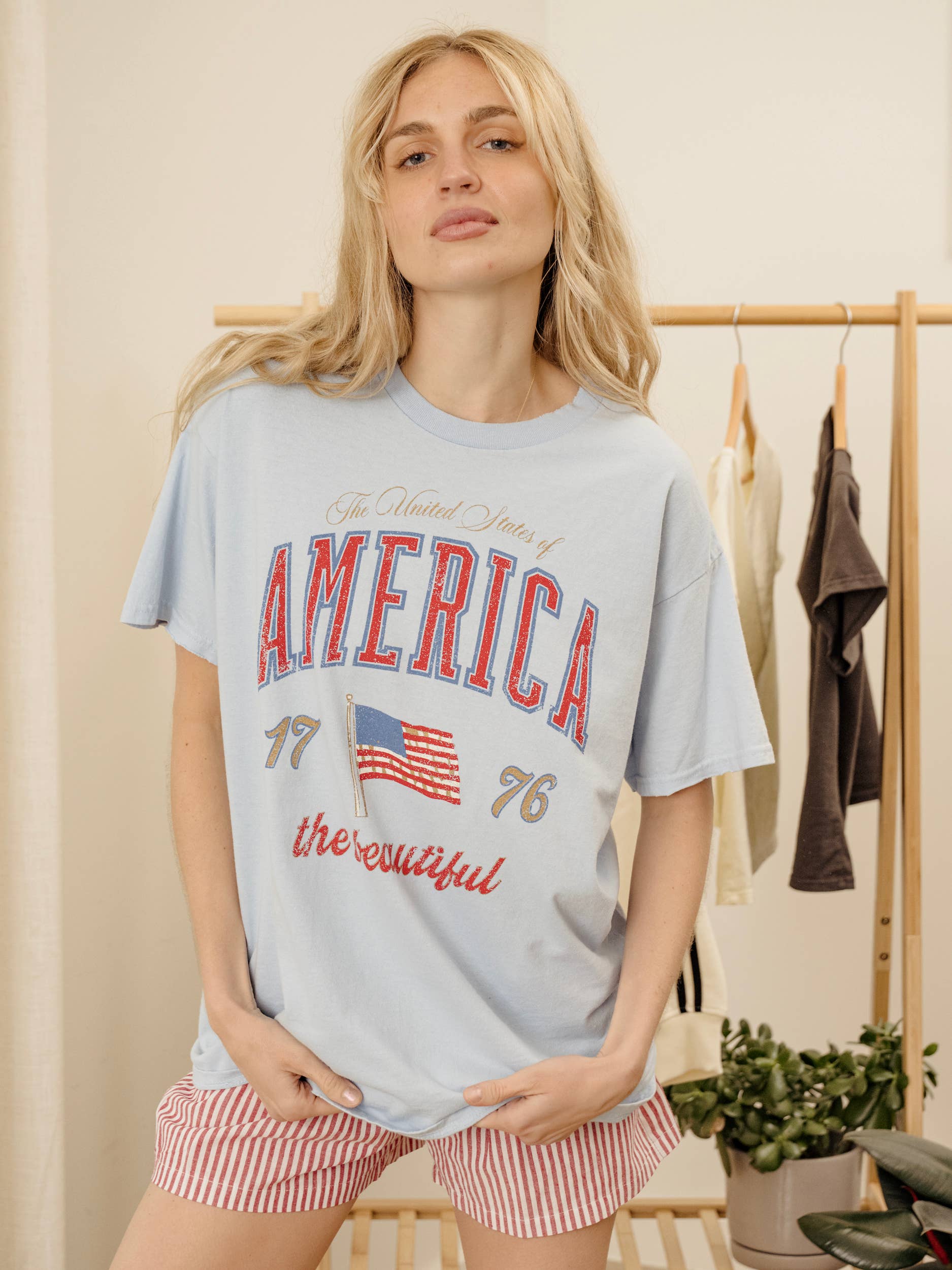 4th of July USA America Wave Arch Light Blue Thrifted Tee Hoodie, Sweatshirt | PodTeesHub.com