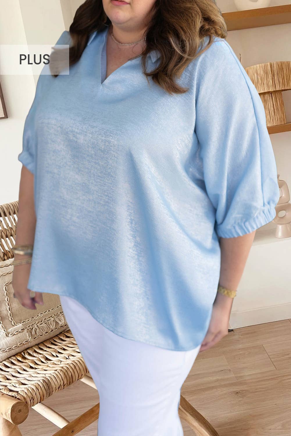 Plus Size Shirt Collar Metallic Half Sleeve Blouse Hoodie, Sweatshirt | PodTeesHub.com