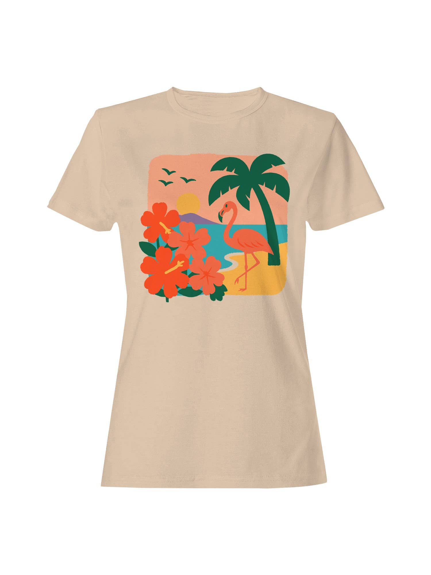 Tropical Sunset Flamingo Scene Women's T-Shirt Hoodie, Sweatshirt | PodTeesHub.com