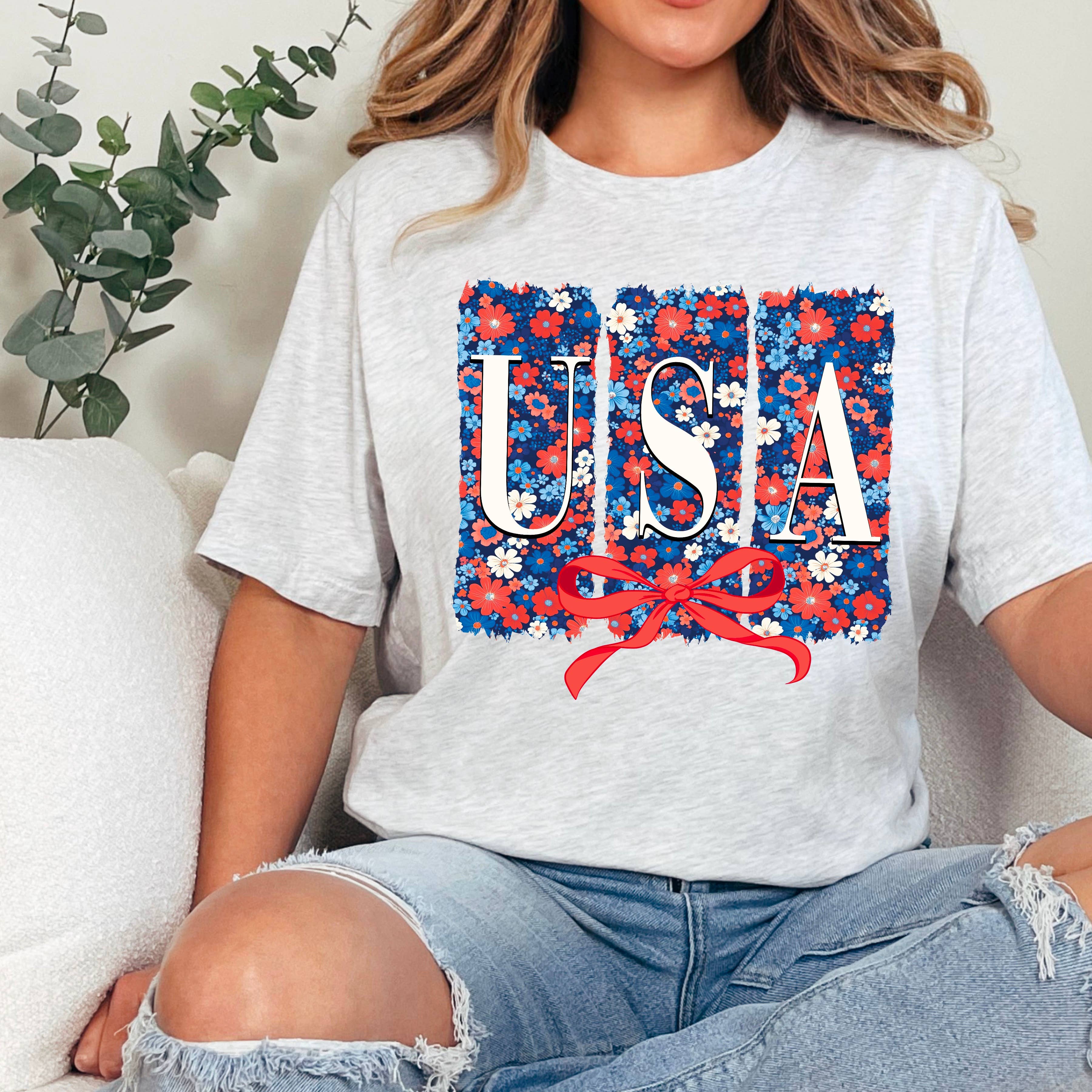 Floral USA Graphic Shirt | July 4th Graphic Tee | Gildan Hoodie, Sweatshirt | PodTeesHub.com