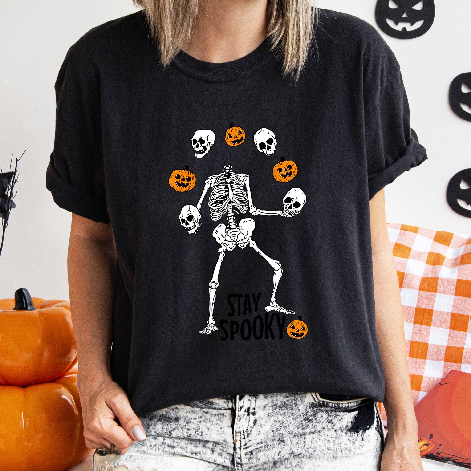 Stay Spooky Juggling Skeleton Halloween T-Shirt Black Print Hoodie, Sweatshirt | PodTeesHub.com