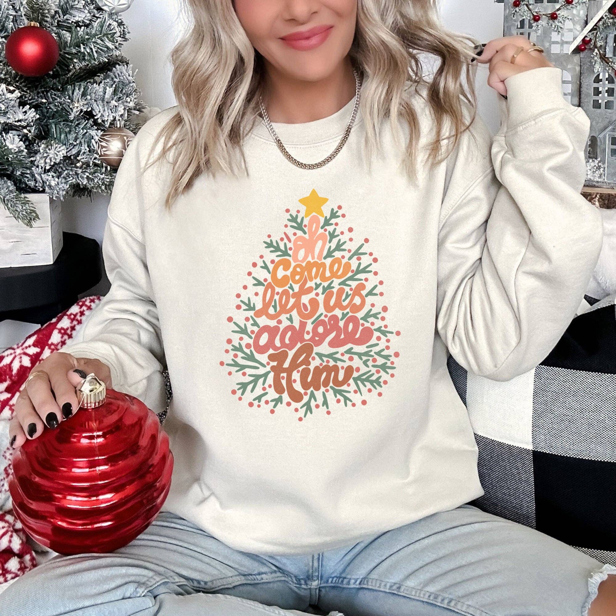 Oh Come Let Us Adore Him, Retro Sign, Christmas Sweatshirt T-Shirts, Hoodie | PodTeesHub.com