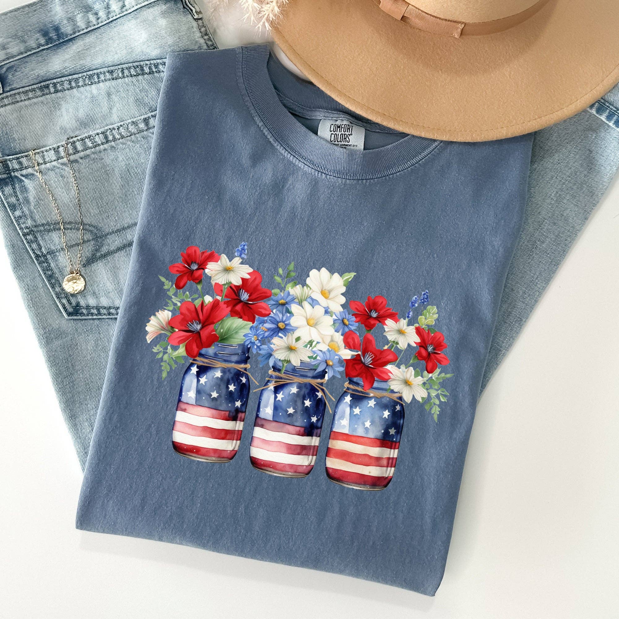 Mason Jars with Flowers, Patriotic, 4th of July Tshirt Hoodie, Sweatshirt | PodTeesHub.com