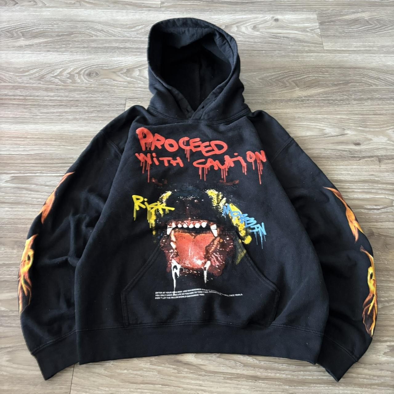 Vintage Crazy Black Streetwear Skater Flame Sleeve Graphic Hoodie Size S T-Shirts, Sweatshirt | PodTeesHub.com