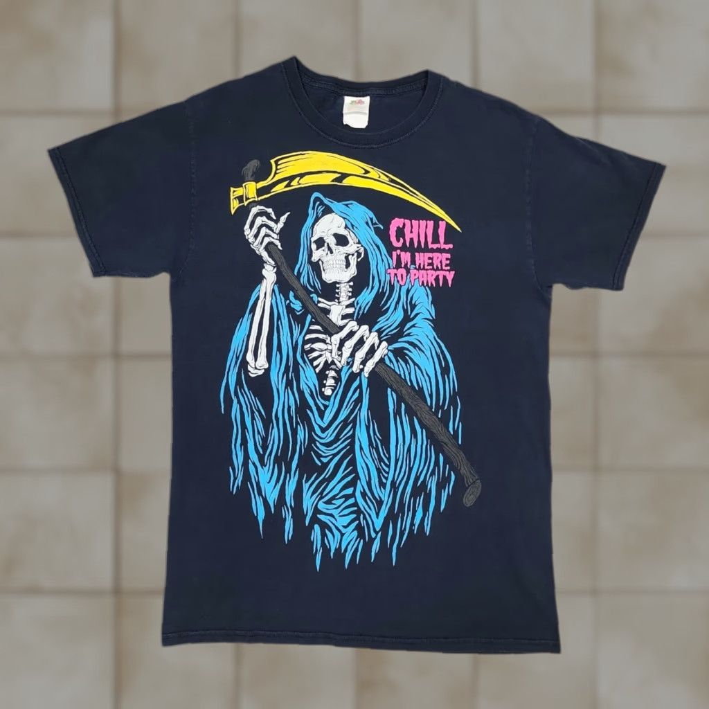 Fruit Of The Loom Vintage Grim Reaper Chill I M Here To Party Halloween Skeleton Black Y2k T Shirt M Hoodie, Sweatshirt