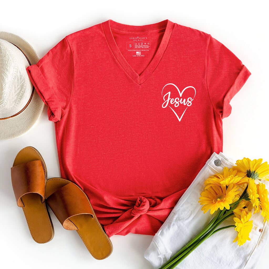 Jesus Completes My Heart Women's V-Neck T-Shirt in Red Hoodie, Sweatshirt | PodTeesHub.com