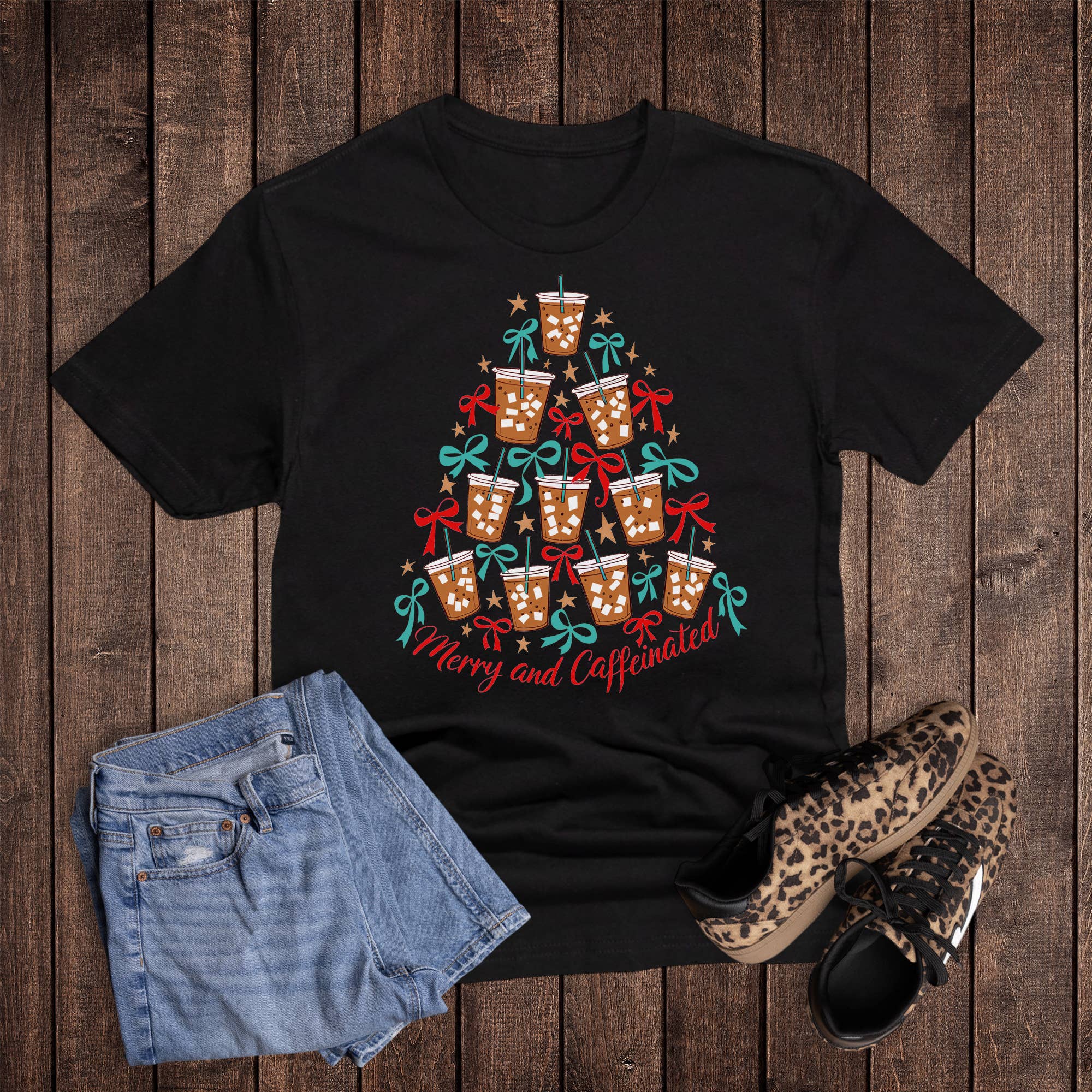 Christmas Tree Merry and Caffeinated Graphic Tee Hoodie, Sweatshirt | PodTeesHub.com