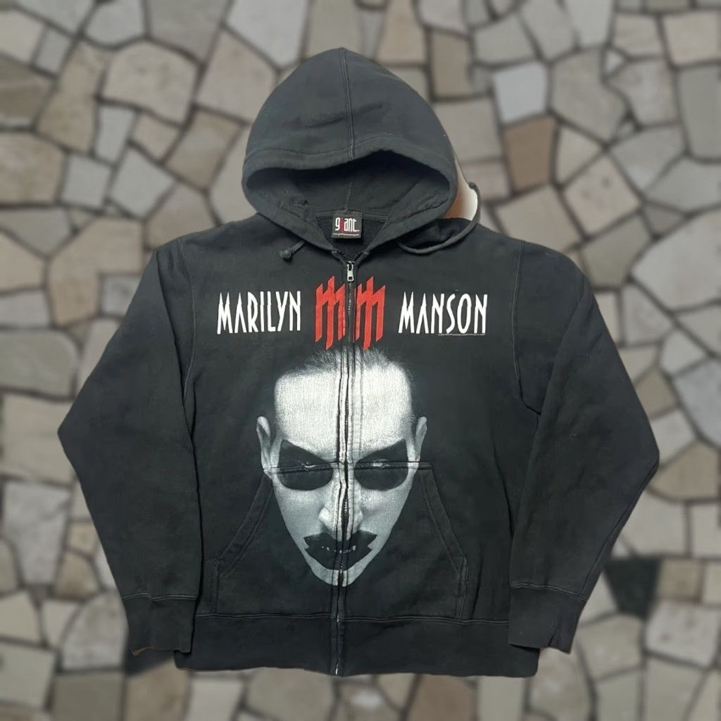 Vintage Giant Marilyn Manson Full Zip Hoodie Rock Gothic Graphic Print Unisex Adults Black C T-Shirts, Sweatshirt