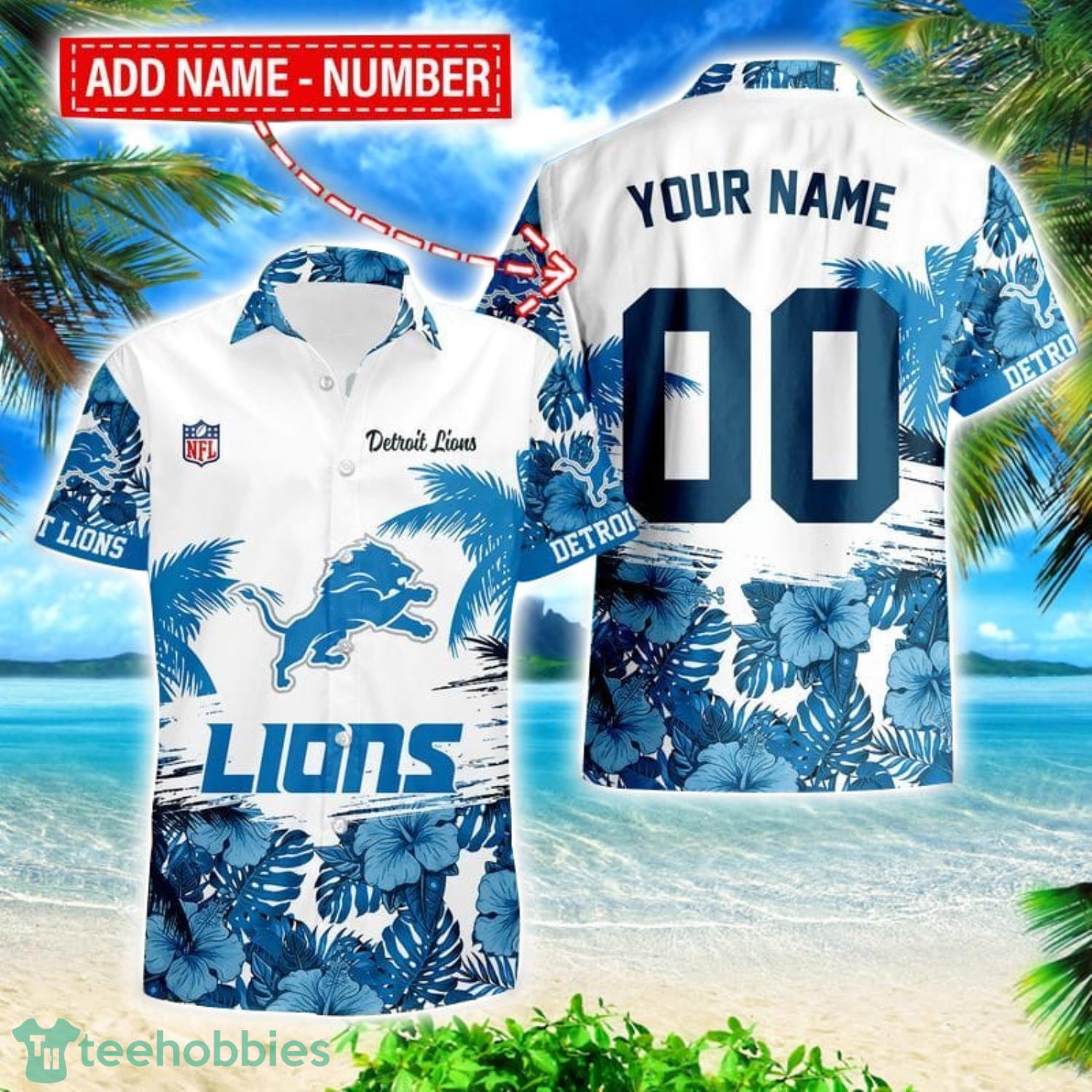 Detroit Lions Hibiscus Flower Hawaii Shirt and Shorts Summer Beach Shirt Custom Name And Number