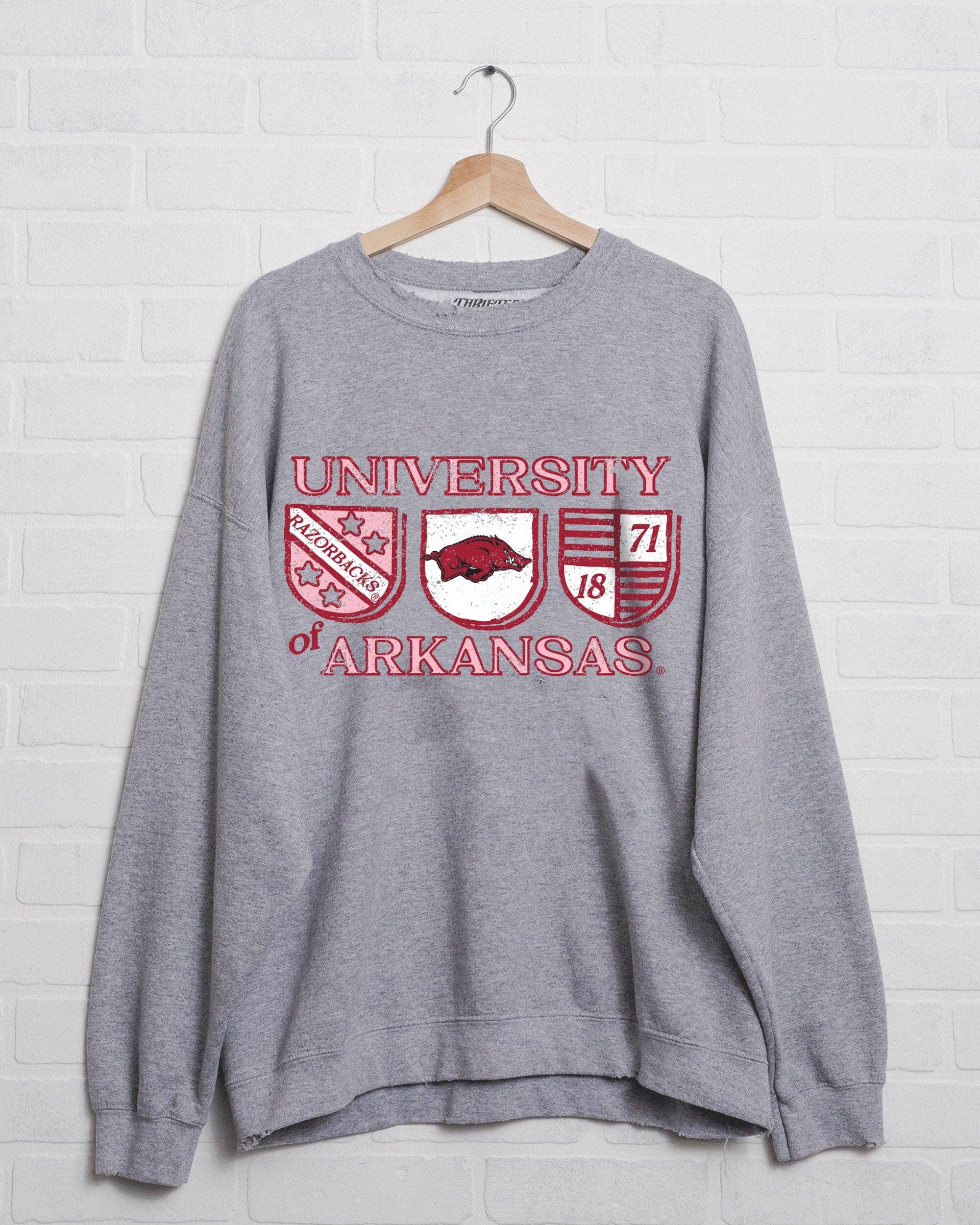 Arkansas Razorbacks Shield Row Gray Thrifted Sweatshirt T-Shirts, Hoodie | PodTeesHub.com