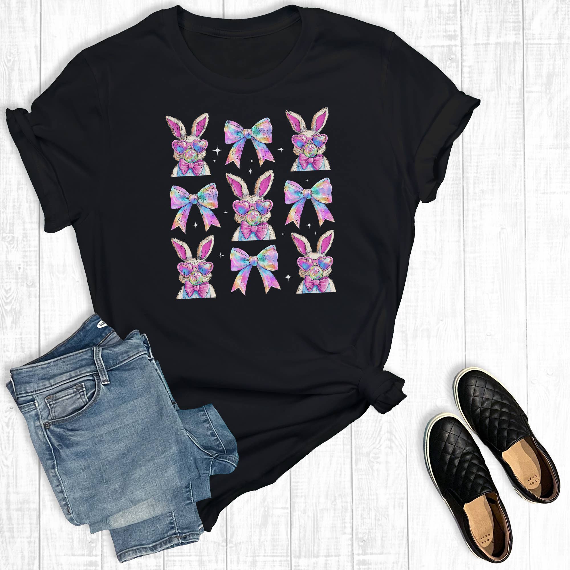 Retro Colorful Easter Bunny Bows Graphic Tee Hoodie, Sweatshirt | PodTeesHub.com