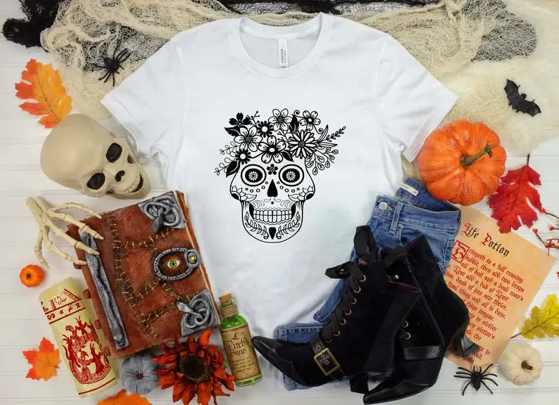 Halloween Floral Smiling Skeleton T-Shirt Hoodie, Sweatshirt | PodTeesHub.com