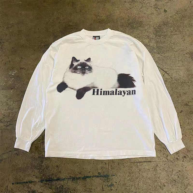 Vintage Street Washed Retro Cute Cat Print Long Sleeved T Shirt Hoodie, Sweatshirt | PodTeesHub.com