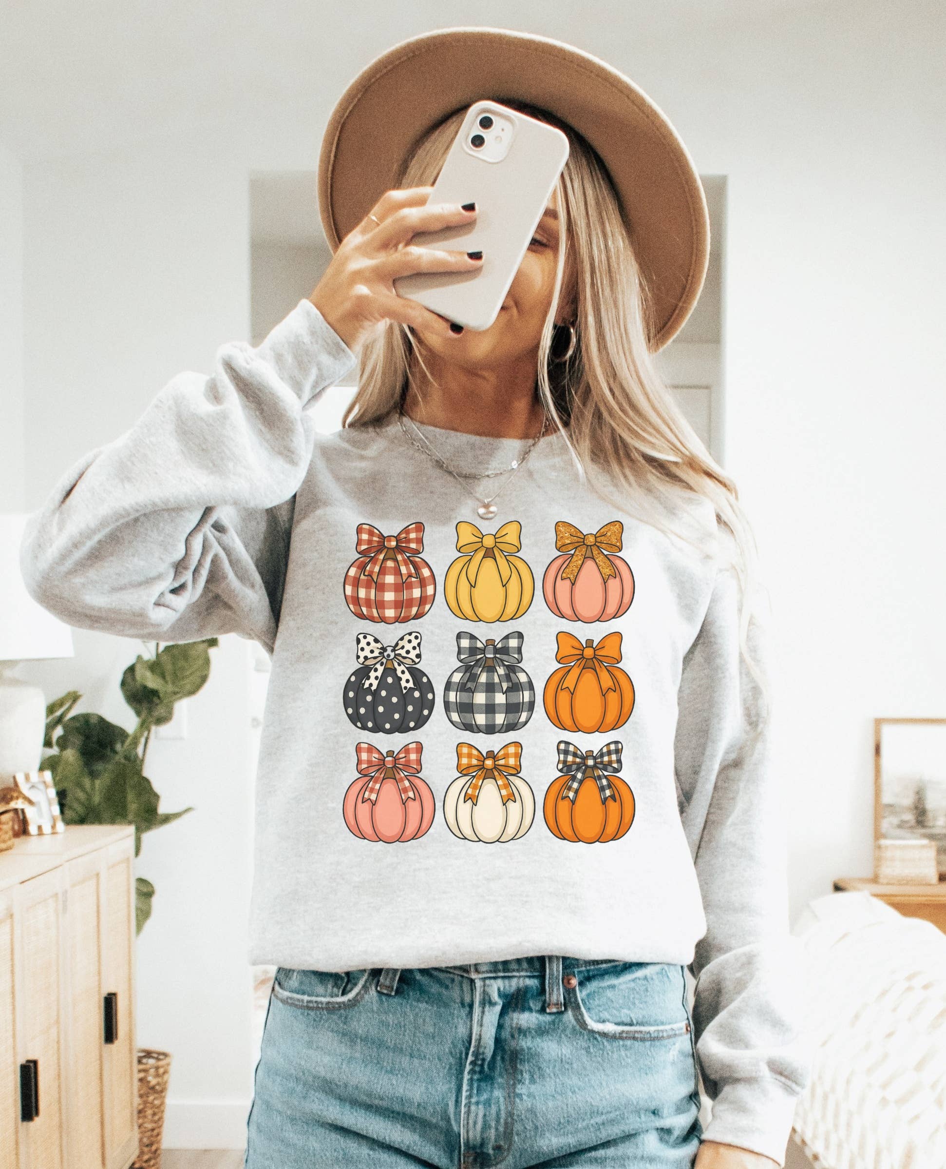 Fall Pumpkin Bow Crew Neck Sweatshirt | Trending T-Shirts, Hoodie | PodTeesHub.com