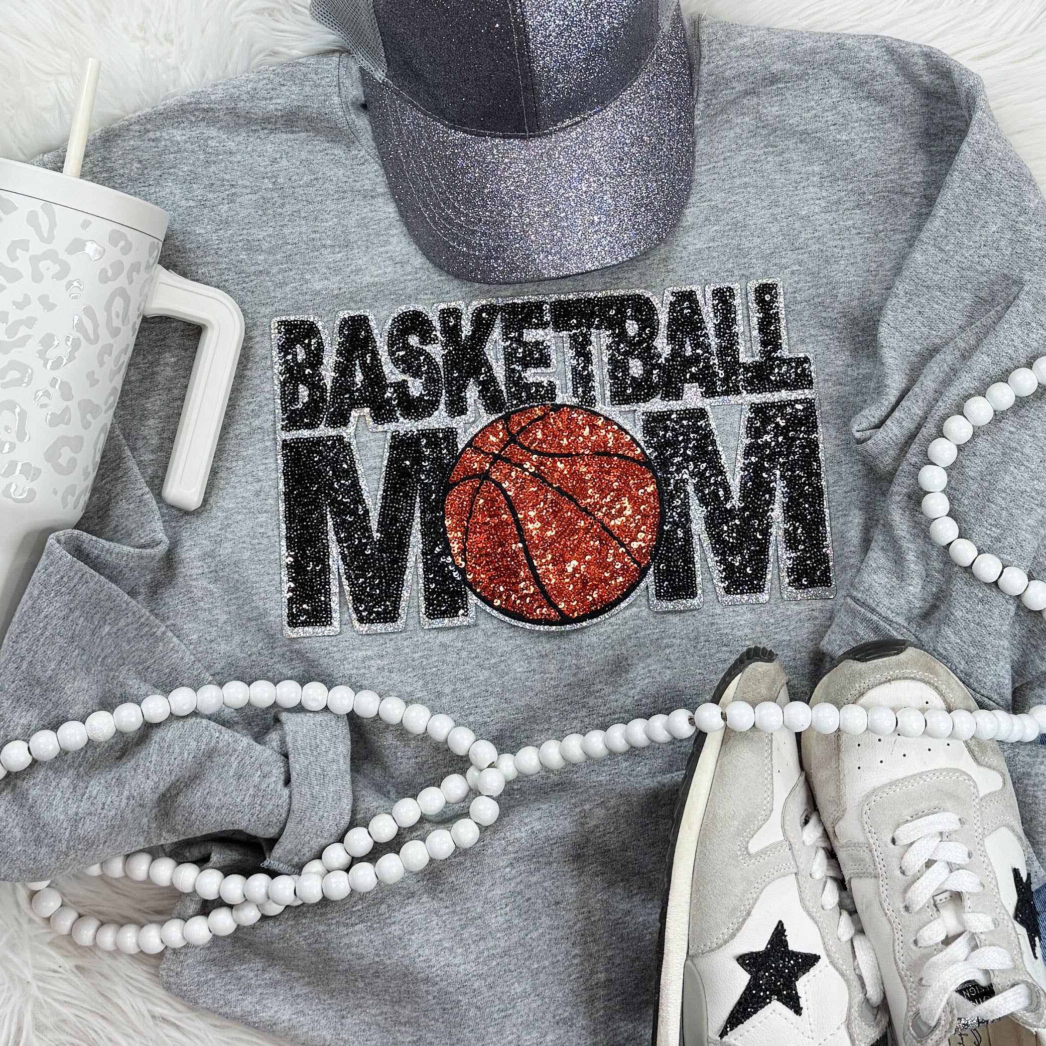 Basketball Mom Sequin Patch Sport Grey Sweatshirt T-Shirts, Hoodie | PodTeesHub.com
