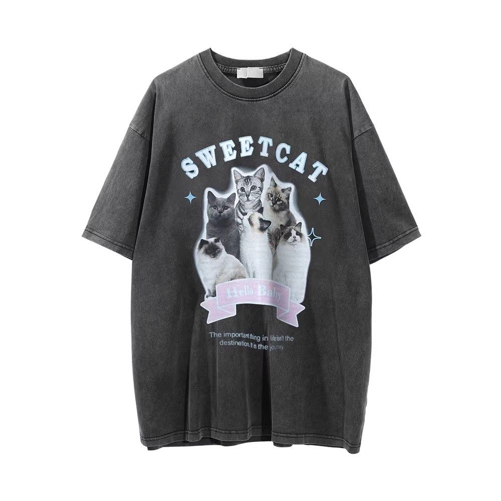 Vintage Men S Casual Loose Cat Print Distressed Washed T Shirt Hoodie, Sweatshirt | PodTeesHub.com