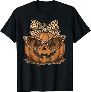 Halloween Pumpkin Coquette Bow Glasses Leopard Fall Unisex T-shirt, Sweatshirt, Hoodie (1)
