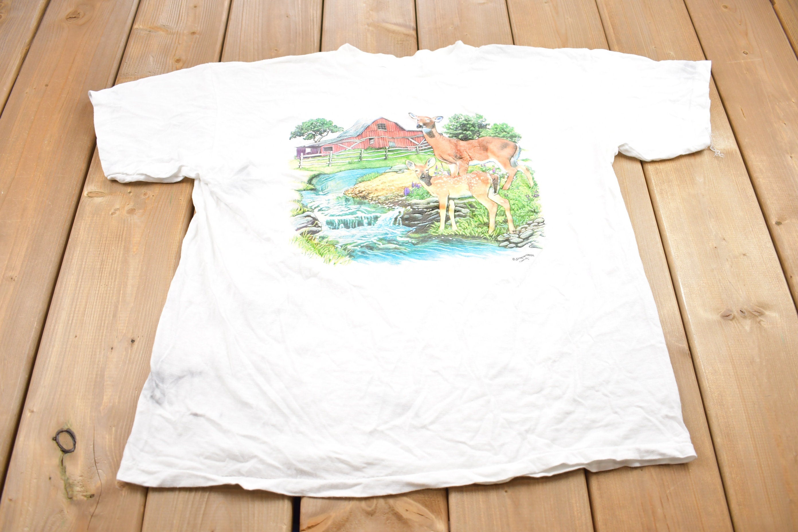 Vintage 1990s Deer Stream Small Stains Vintage Streetwear Rare Vintage Single Stitch Made Usa (1)