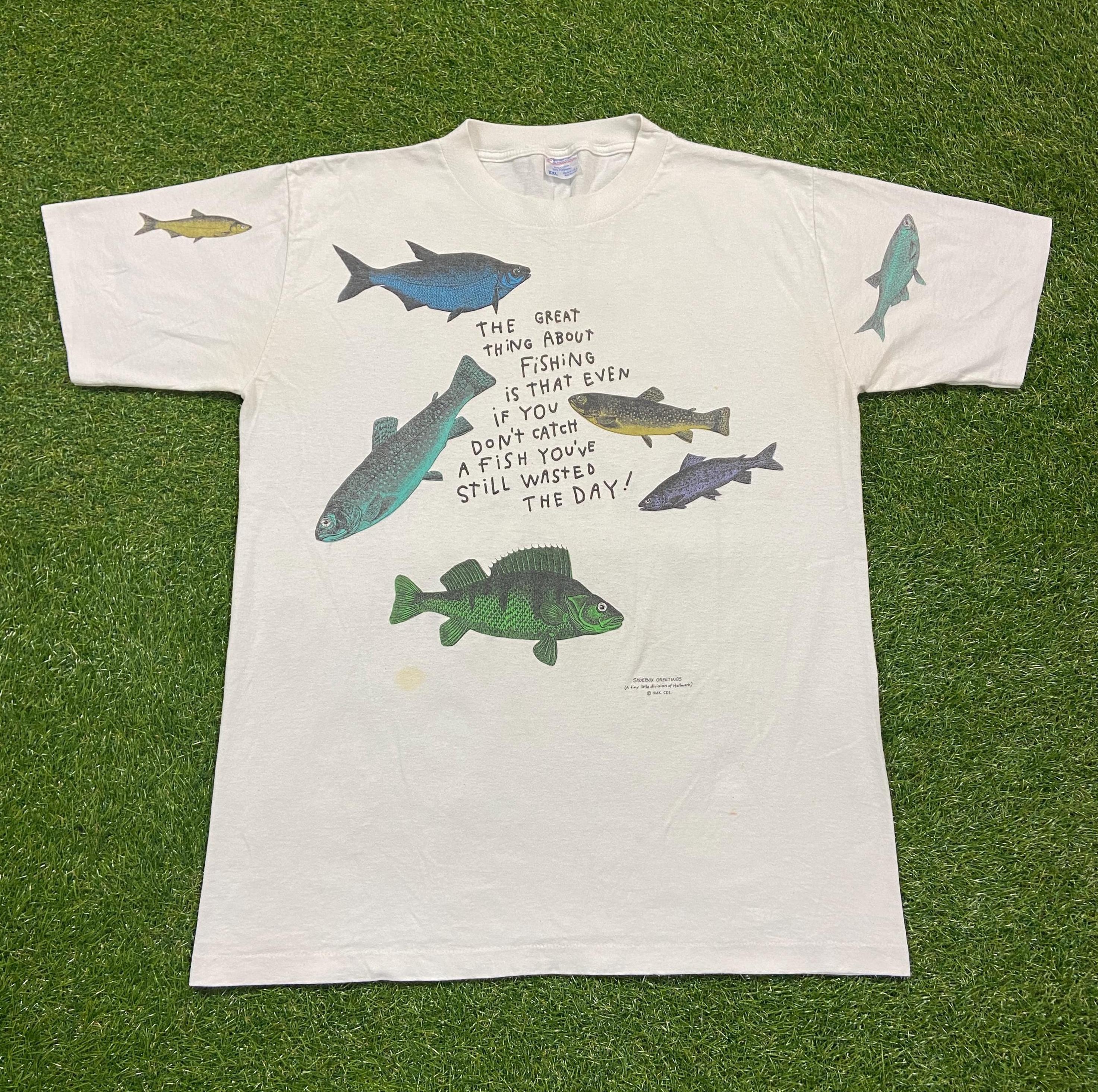 Vintage Fishing Tee Shoebox Greetings Made Usa Size Xxl 2xl Guy Harvey Bass Pro Shops Fishing Accessories Hunting Nature 90s (1)