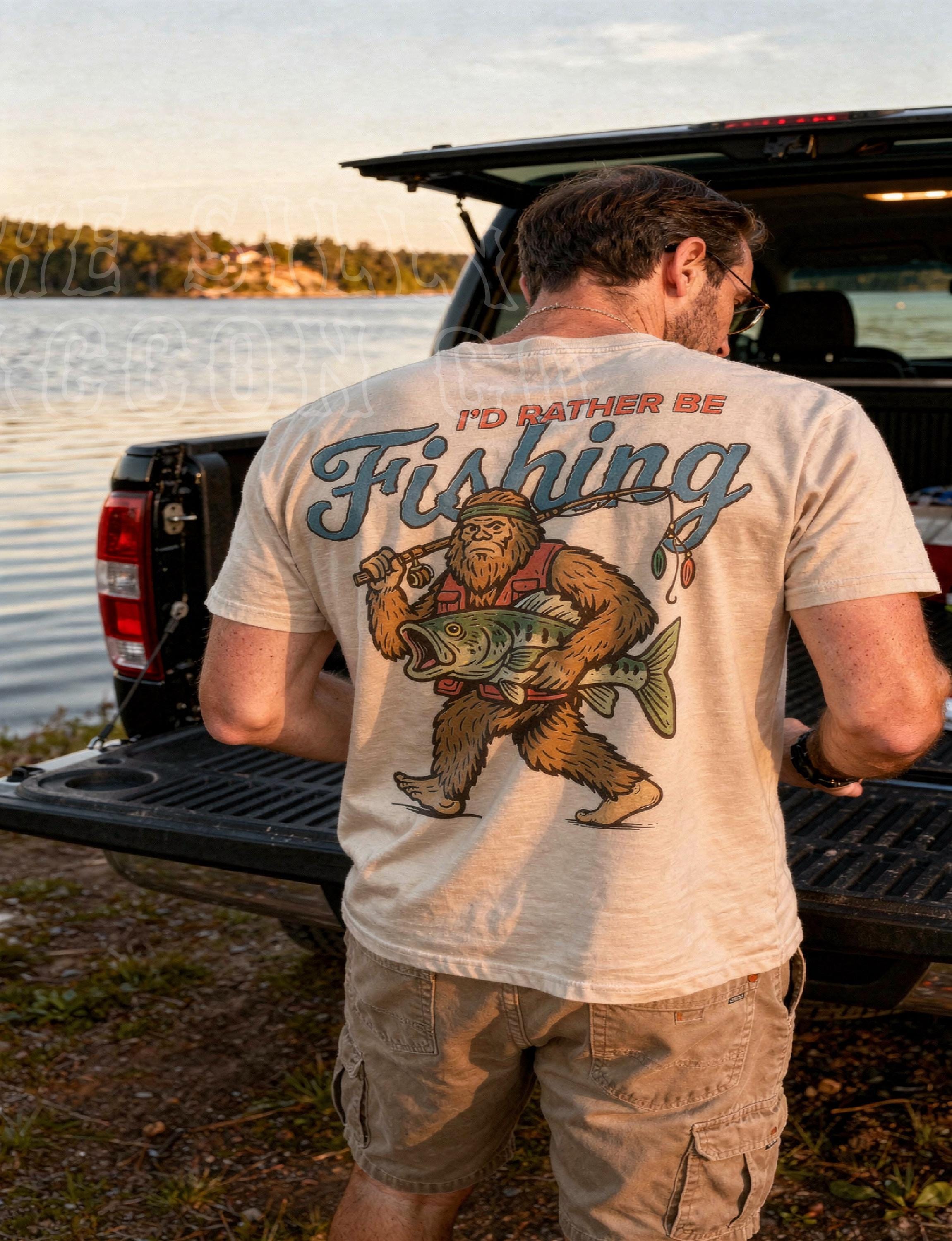 Retro Sasquatch Bigfoot Fishing I'D Rather Fishing Tee Vintage Cryptidcore Fisherman (2)