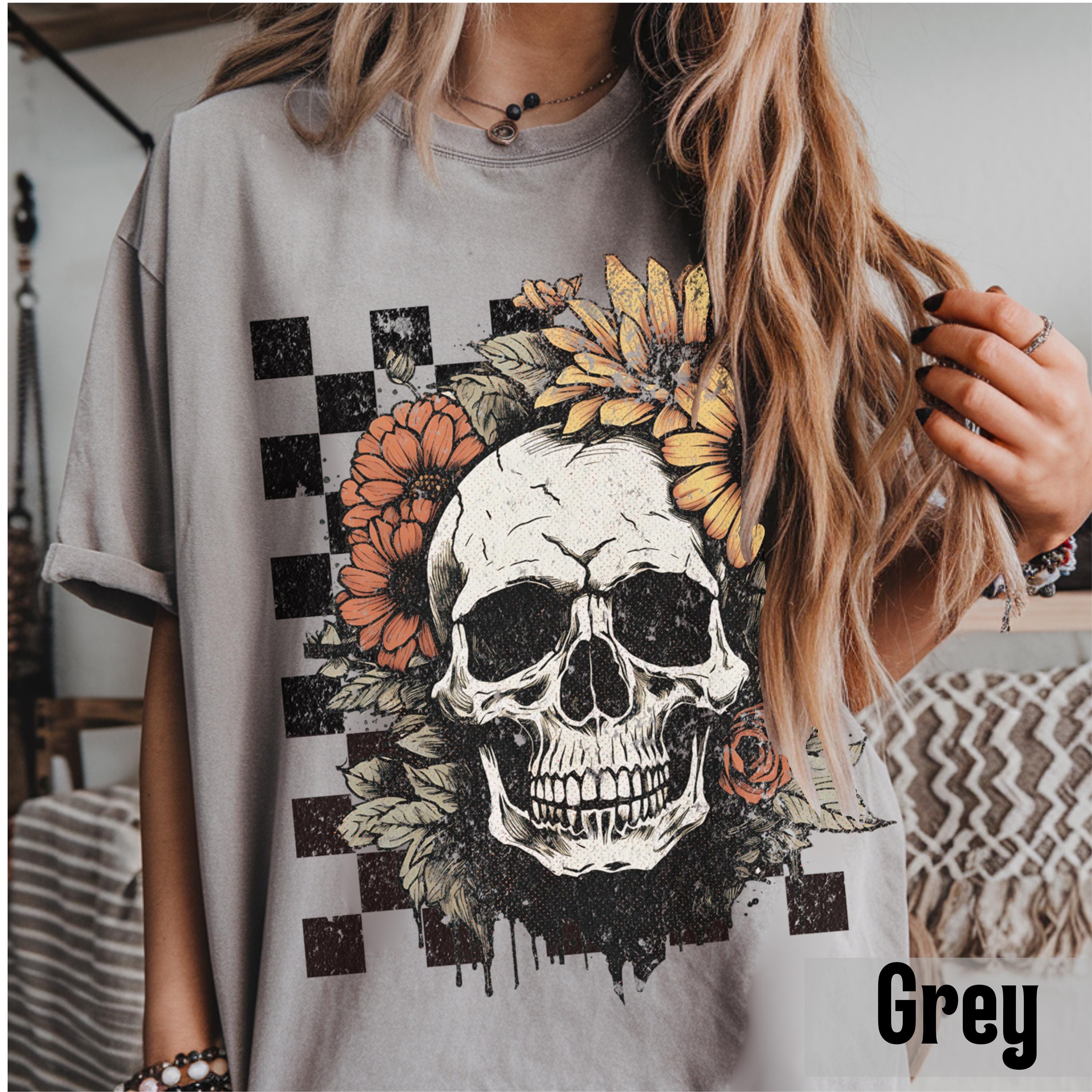 Boho Skull Comfort Colors Vintage Grunge Skull Retro Summerween Spooky Floral (3)