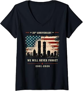 25th Anniversary September 11 2001 Memorial Day Usa Flag V-Neck (1)