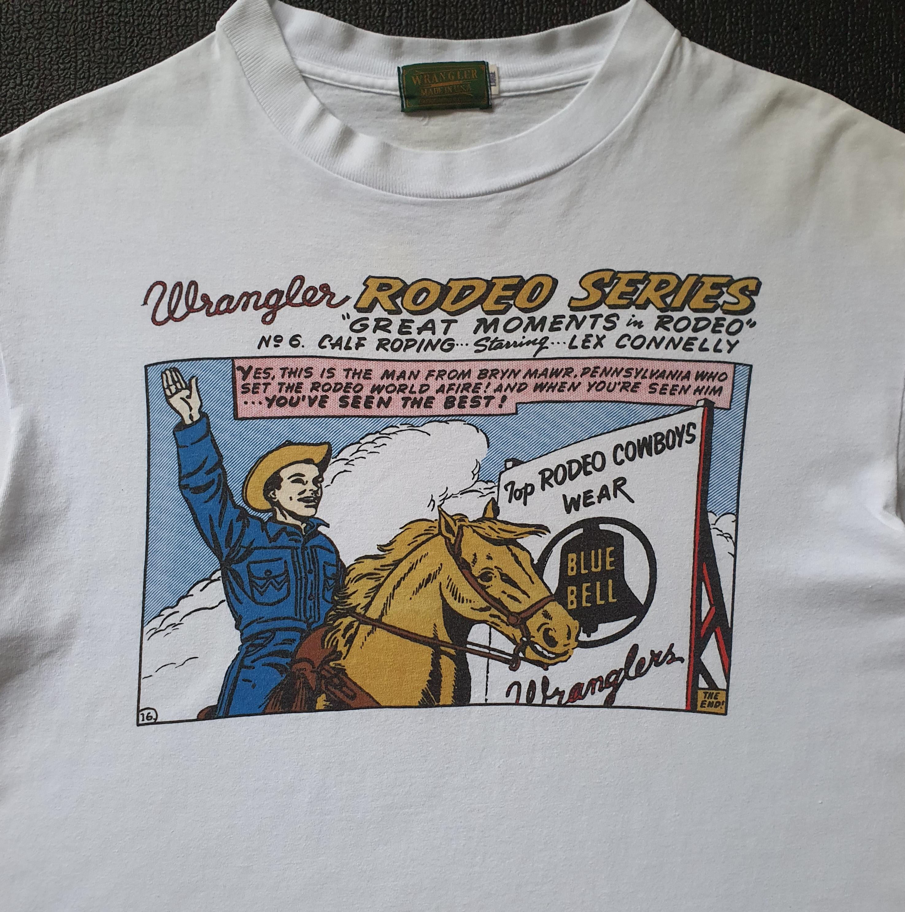 Vintage Wrangler Size Large 1980s 1990s Wrangler Blue Bell Rodeo Series Cowboy Art Advertising 90s (3)