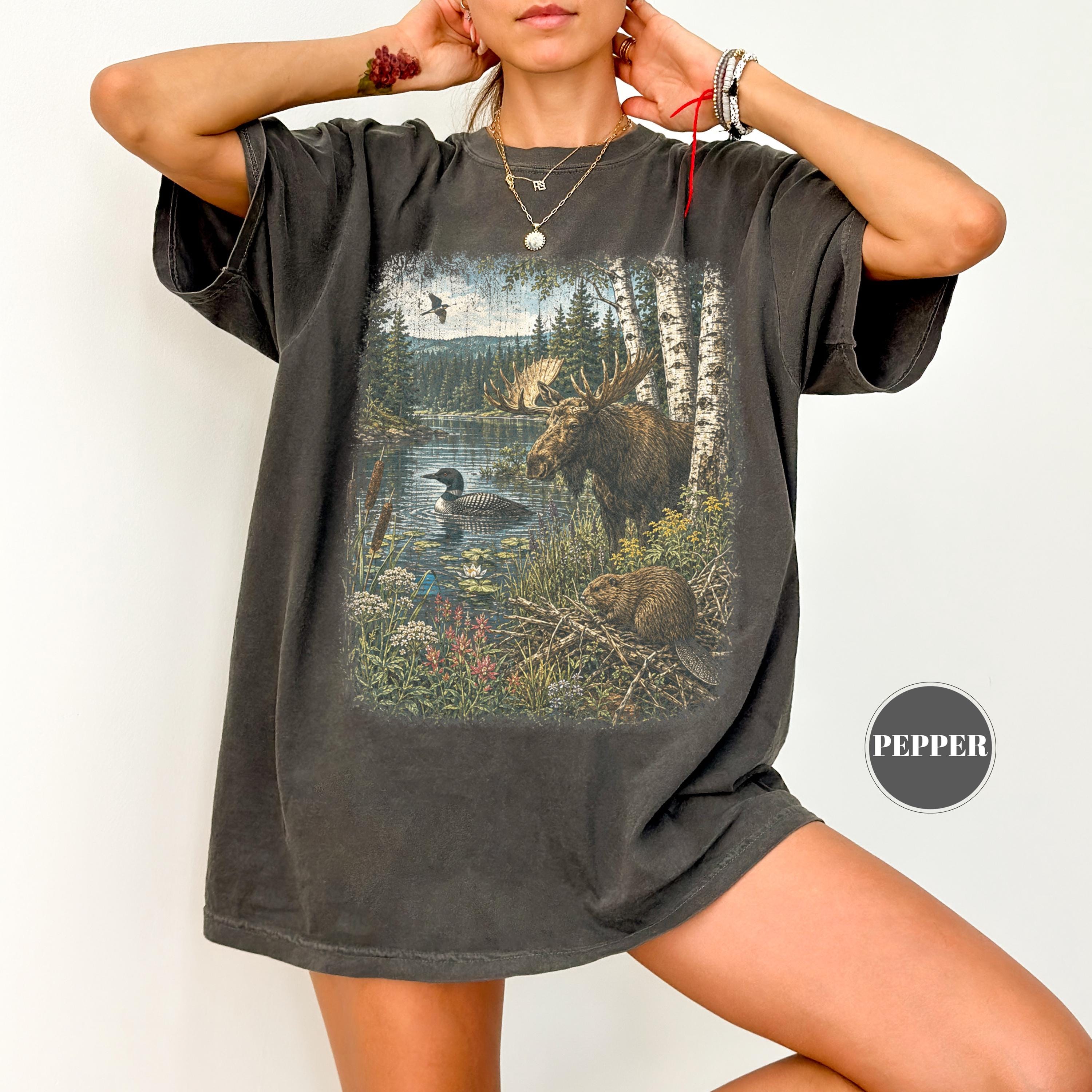Vintage Nature Wildlife North Woods Tee Cottagecore Lake Loon Oversized Comfort Colors Cabincore Outdoor (1)