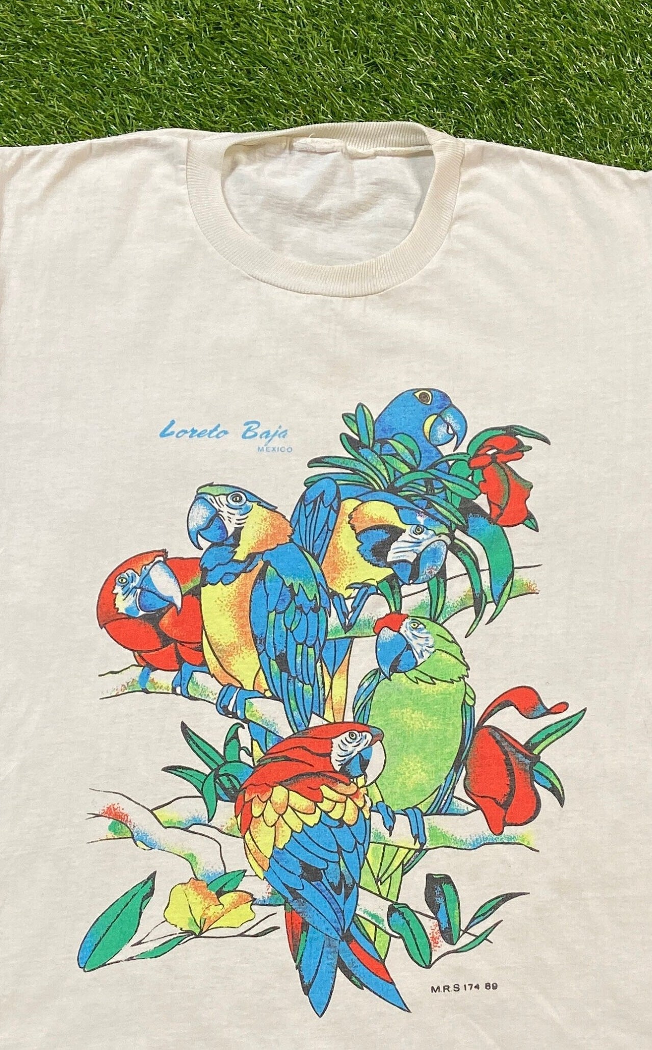 Vintage Loreto Baja Mexico Tee Size Small Cancun Mexico Party Vacation Beach Caribbean 1990s 90s Parrots Birds (4)